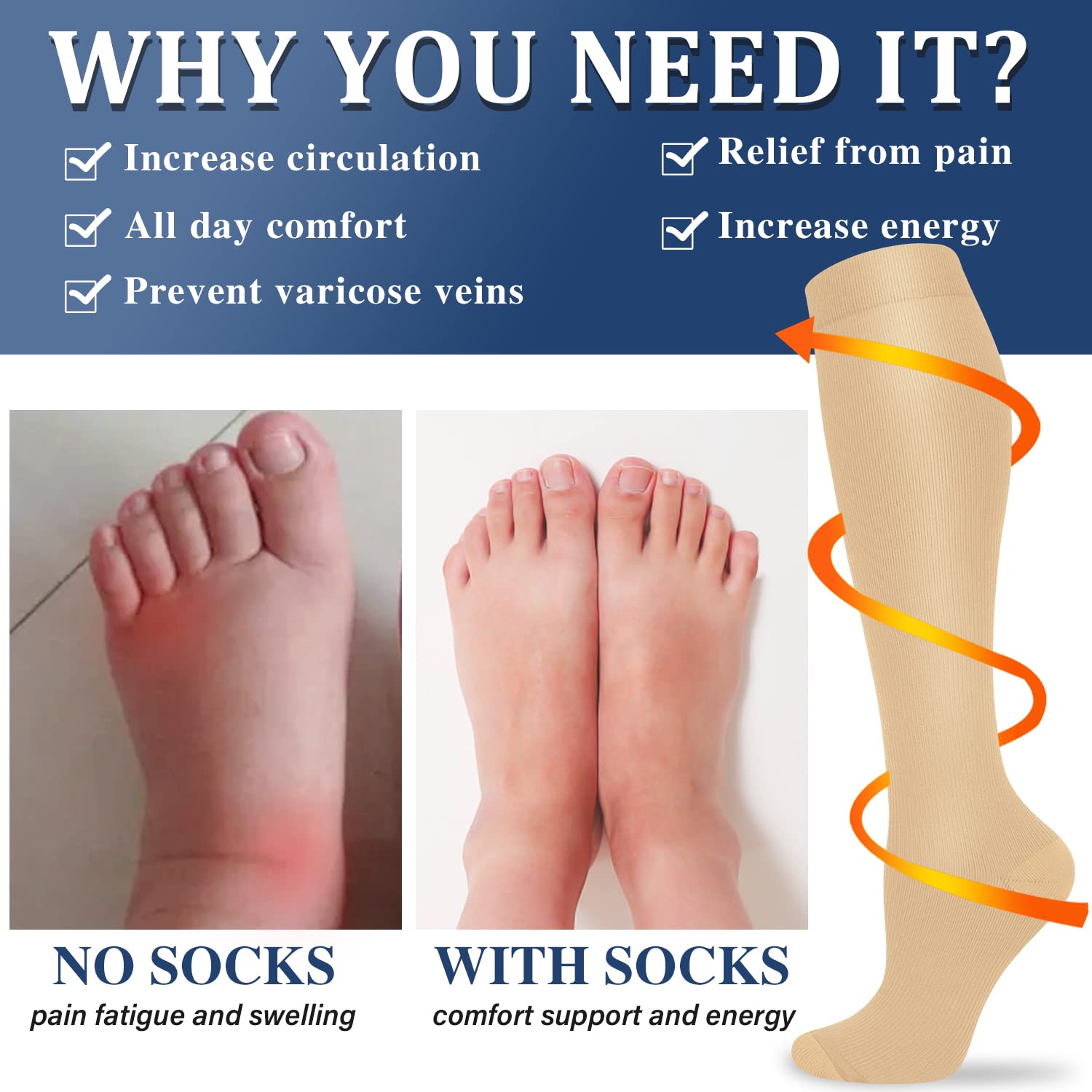 Best Compression Socks for Women & Men - 3 Pairs Medical Grade Support Socks for Improved Circulation, Swelling Relief - Ideal for Nurses, Runners, Travelers & Long Standing Workers