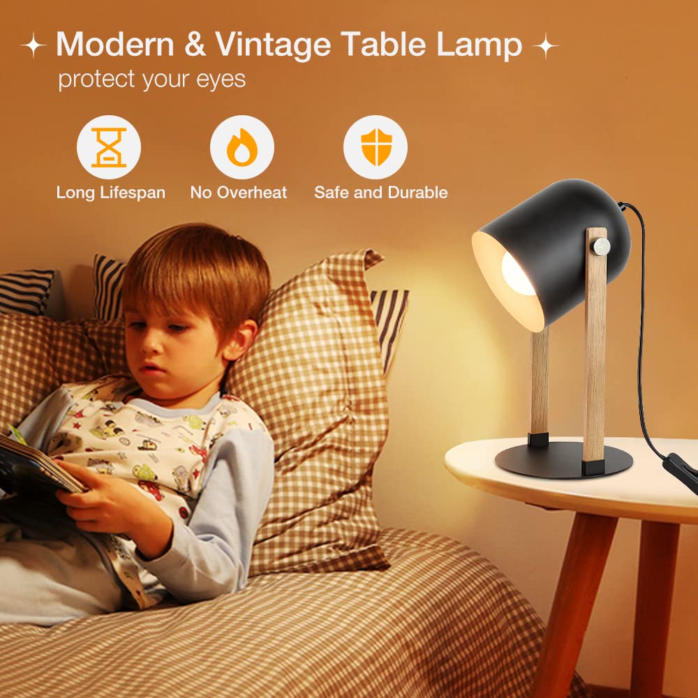 Depuley Modern Table Lamp - 360° Rotatable Retro Desk Lamp with Wood & Metal, Eye Protection LED Reading Lamp for Bedroom, Kids Room, Plant Care, Study & Office Use