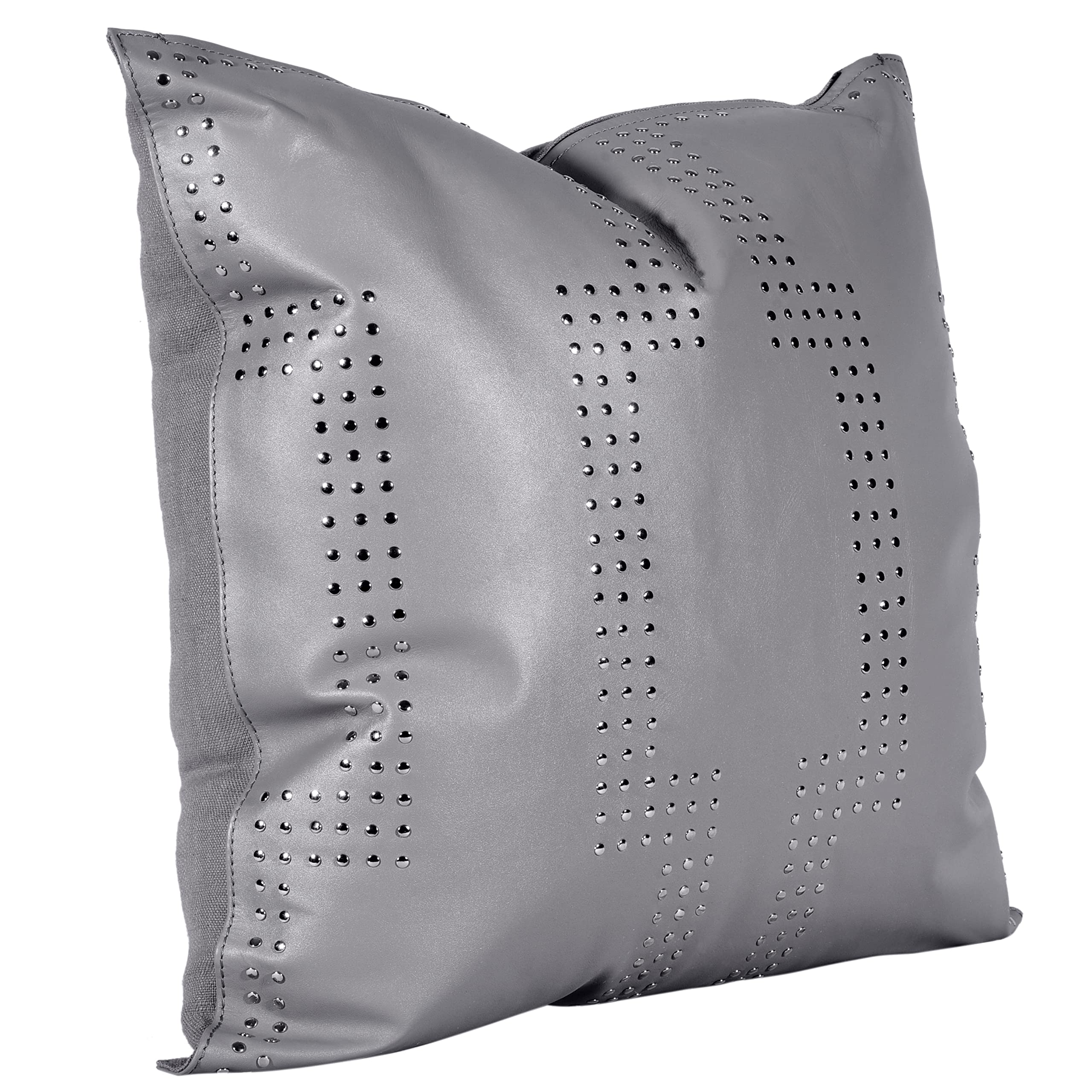 Genuine Leather Geometric Studded Throw Pillow 20x20 Inch - Solid Gray Modern Western Style Decorative Cushion for Sofa, Bed, Living Room & Home Decor