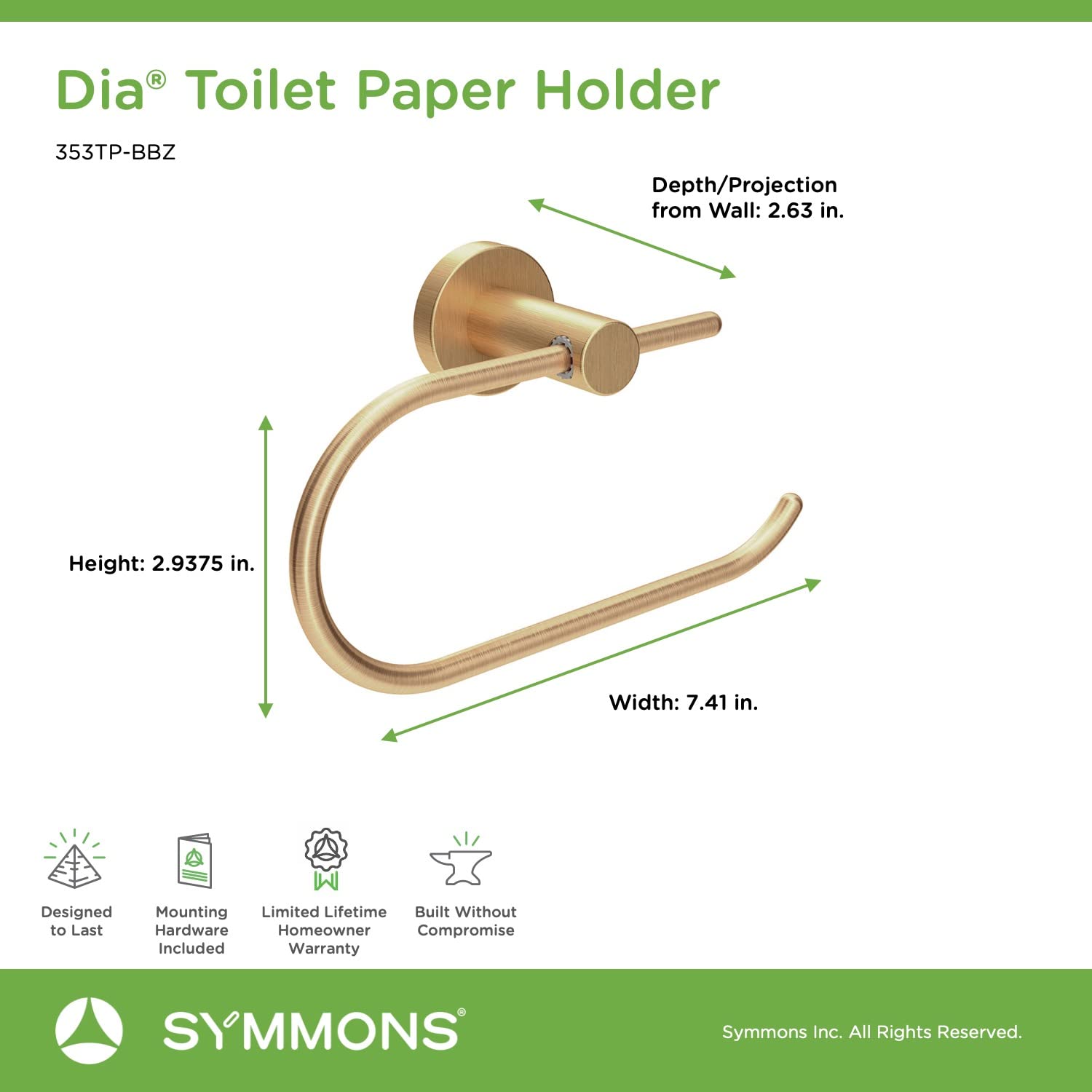 Symmons 353TP-BBZ Brushed Bronze Wall-Mounted Toilet Paper Holder - Durable Bathroom Tissue Dispenser for Home, Hotel & Restrooms