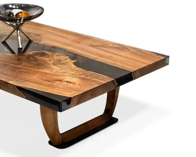 Modern Smoked Gray Resin Coffee Table with Solid Walnut Wood Legs - Stylish & Durable Living Room Furniture for Home Decor