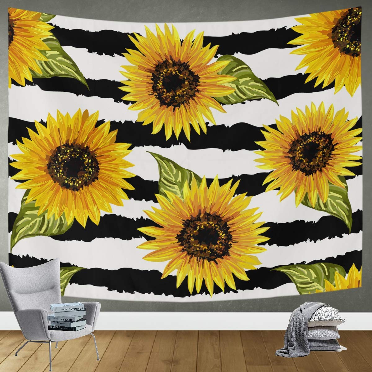 DOMIKING Sunflower Stripe Tapestry Wall Hanging - 90x60in Bohemian Room Decor for Living Room, Bedroom, Dorm - Trippy Hippie Aesthetic Wall Art for Home Decor & Festival Backdrop