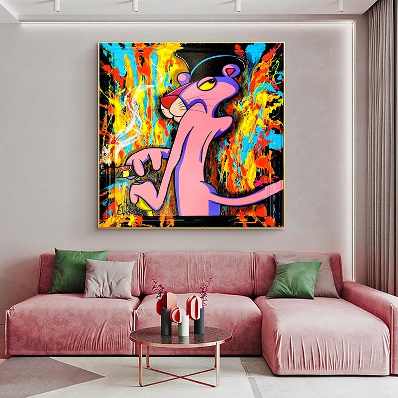 Pink Panther Wall Art - Unique Smoking Decor for Living Room, Bar & Man Cave | Vintage Cartoon Canvas Print for Home & Office Decor