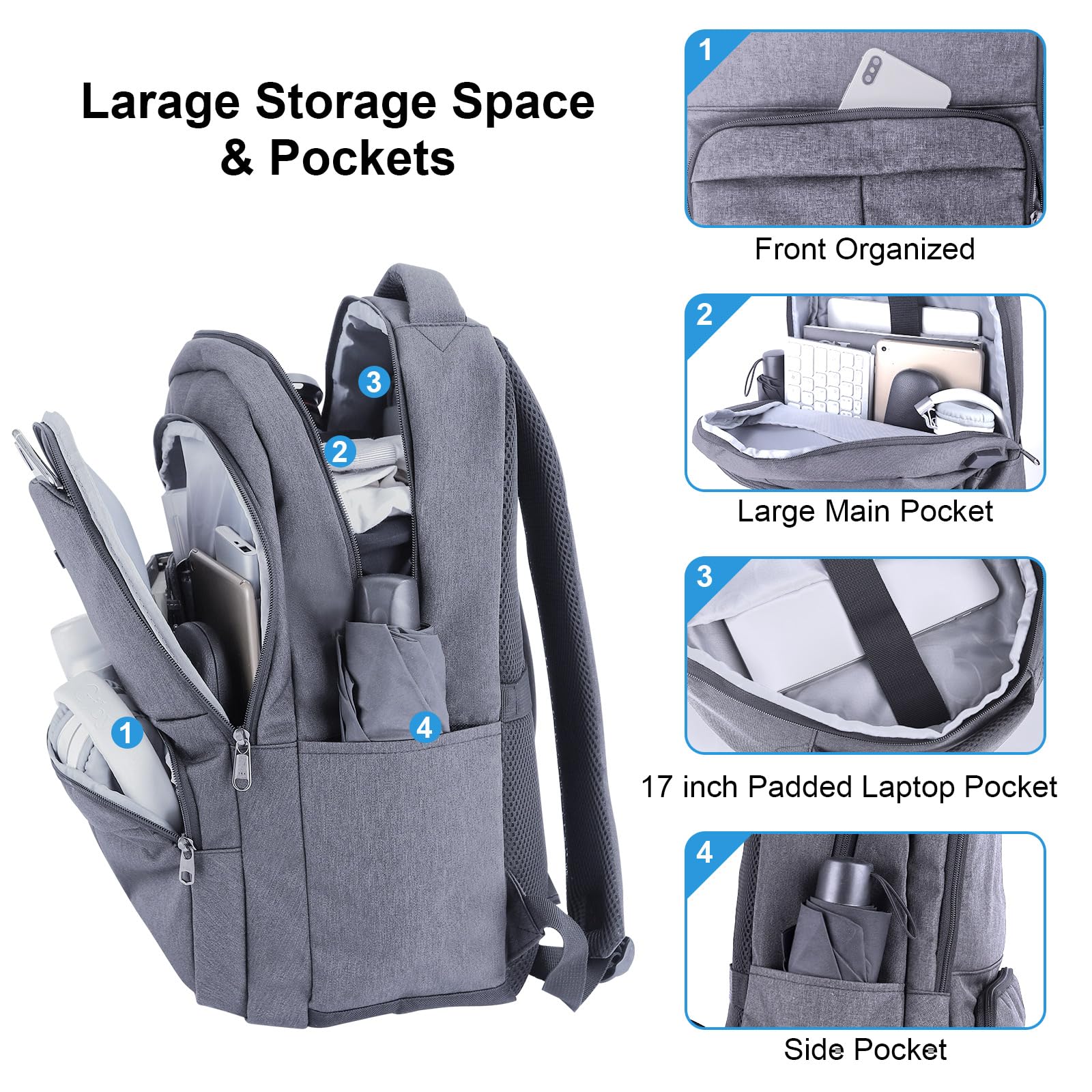 KYME Work Backpack for Men - 17 Inch Large Water Resistant Travel Laptop Backpack - Durable College Book Bag - Perfect for Business, Commuting & School - Grey
