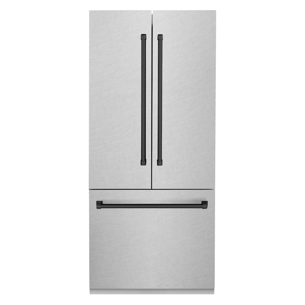 ZLINE Autograph Edition 36 Inch French Door Built-In Refrigerator with Bottom Freezer - 19.6 cu.ft Capacity, Water Dispenser & Ice Maker - Satin Stainless Steel with Matte Black Accents (RBIVZ SN 36 MB) - Perfect for Modern Kitchens and Open-Concept Homes