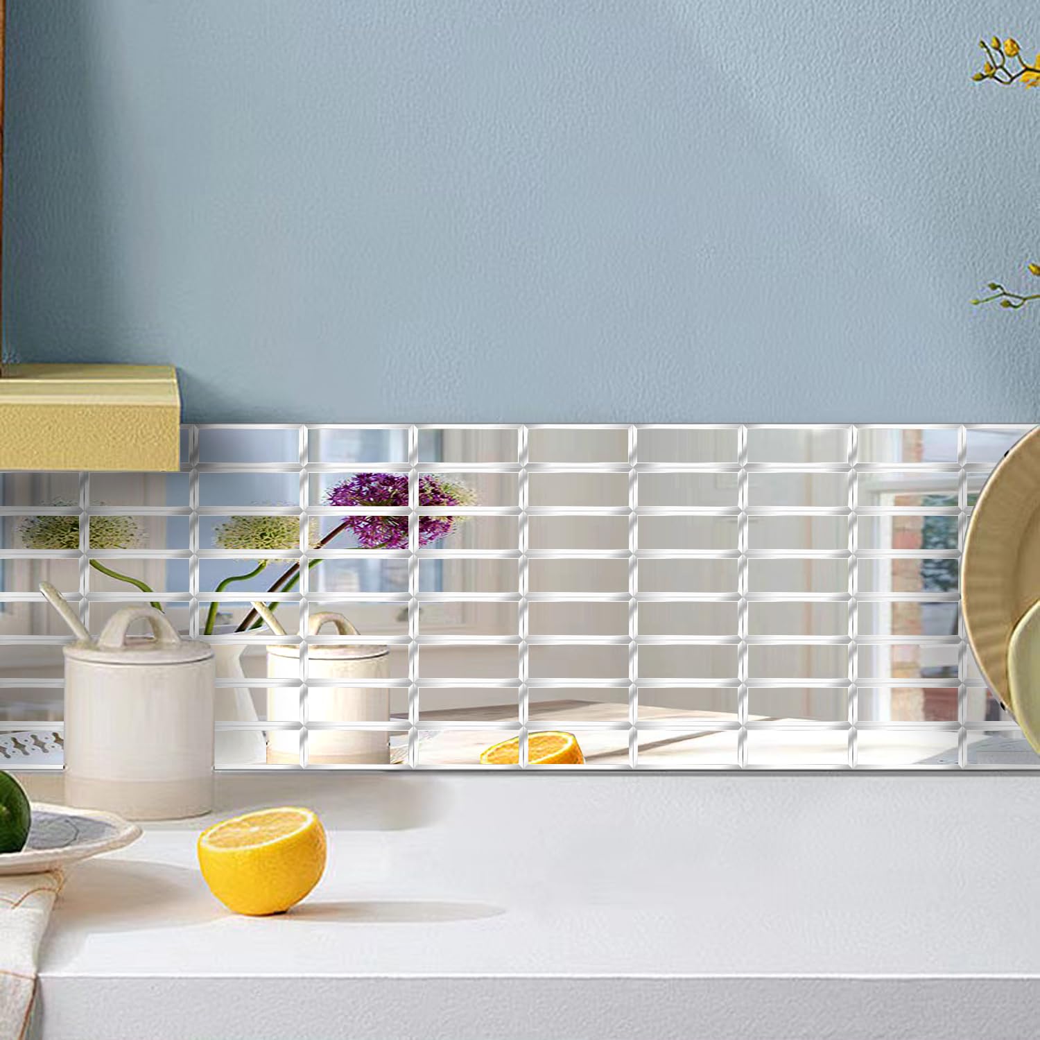 Peel and Stick Beveled Mirror Glass Tiles - 2.5x1 Inch Self-Adhesive Backsplash Tiles for Kitchen & Bathroom Wall Decor - Set of 32 Mirror Mosaic Strips - Perfect for Accent Walls, Vanity Areas, and DIY Home Improvement Projects