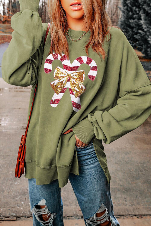 Sparkly Sequin Candy Cane Christmas Sweatshirt for Women - Festive Round Neck Pullover with Side Slit - Perfect for Holiday Parties & Family Gatherings
