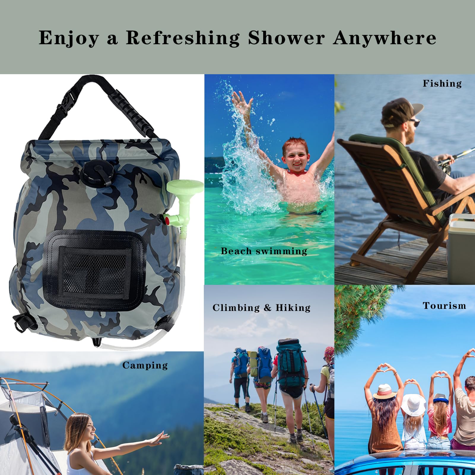 Portable Solar Shower Bag 5Gal/20L with Shower Head for Camping, Hiking & Beach