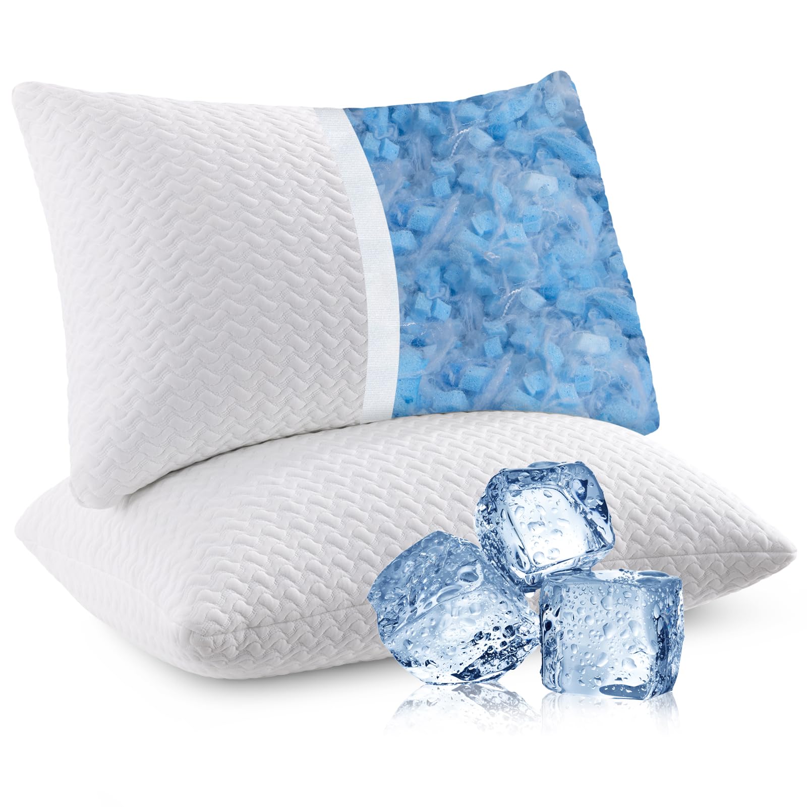 Cooling Shredded Memory Foam Pillows 2 Pack - Queen Size Bed Pillows for Side, Back & Stomach Sleepers - Breathable & Washable Cover (20x30 Inches) - Perfect for Hot Sleepers, Neck Pain Relief & Better Sleep