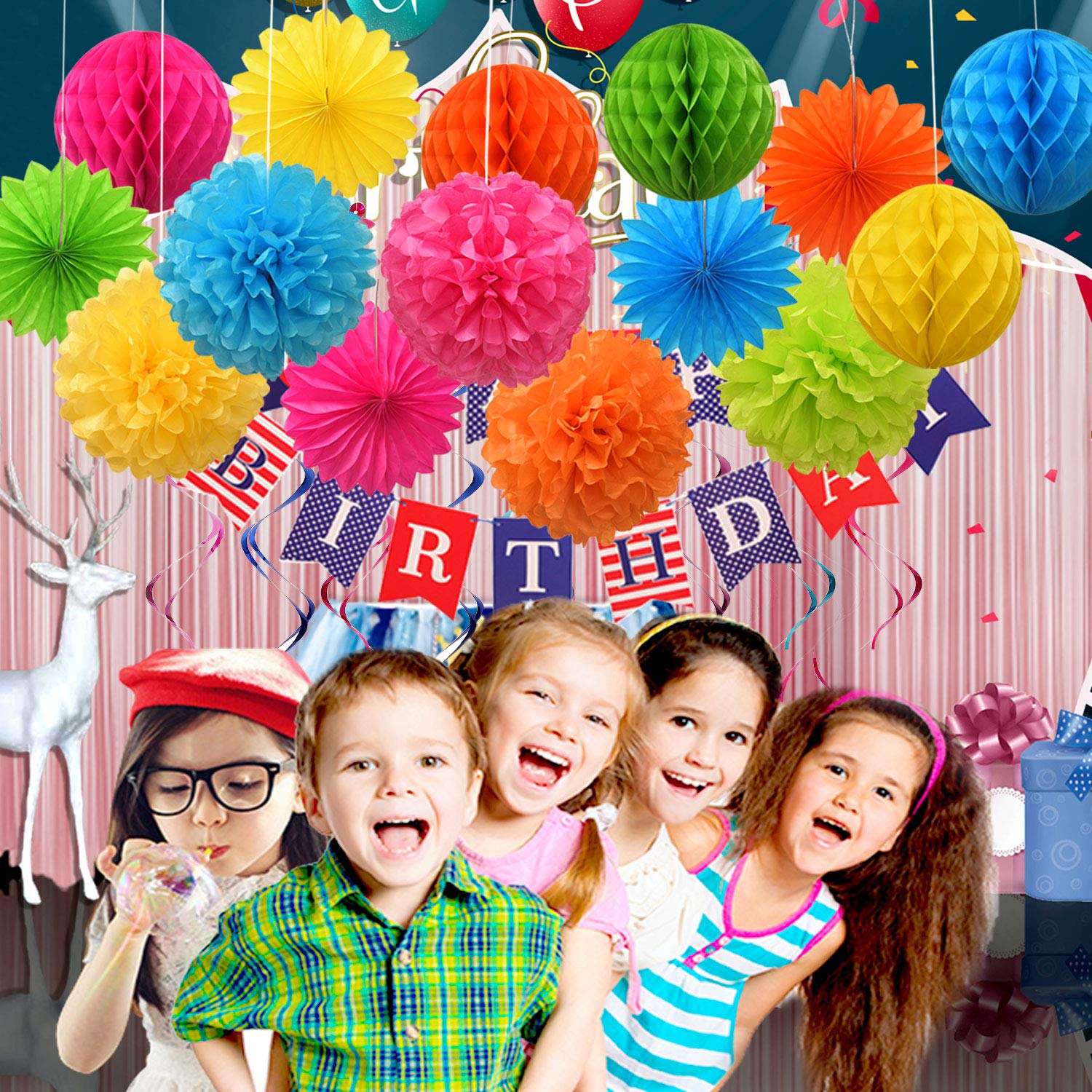 Vibrant Tissue Paper Flowers & Party Pom Poms with Swirl Streamers - Premium Quality Hanging Decorations for Birthday, Wedding, Bridal Shower & Bachelorette Parties - Perfect for DIY Home Decor, Baby Showers & Celebration Backdrops