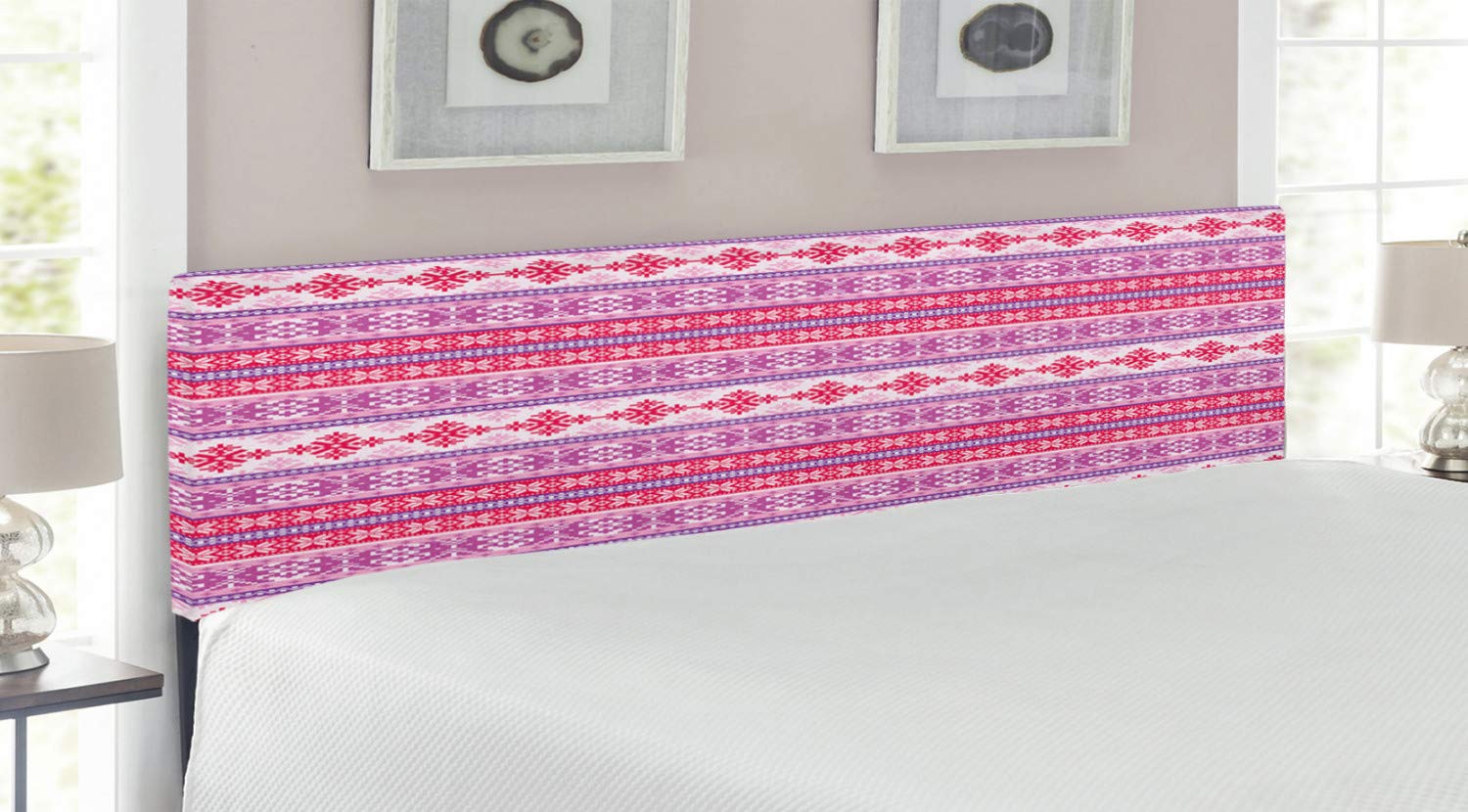 Ambesonne Nordic King Size Headboard - Geometric Abstract Snowflake Pattern, Upholstered Decorative Metal Bed Frame with Memory Foam in Lilac Dark Coral White | Perfect for Modern Bedroom Decor & Guest Room Styling