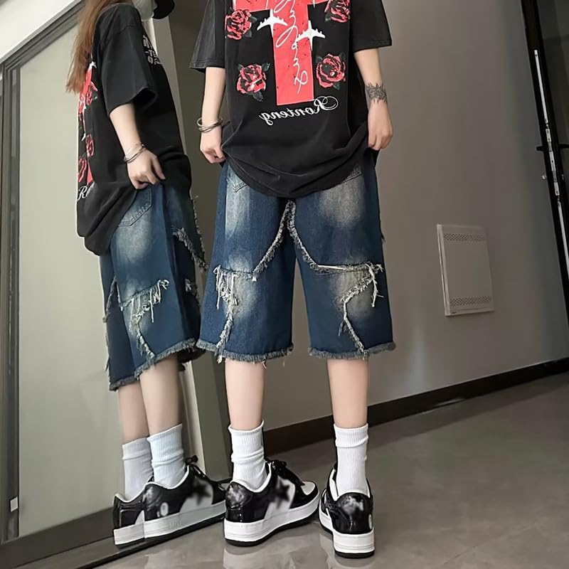 Y2K Baggy Jean Shorts for Women & Men - Distressed Denim Jorts with Star Design | Aesthetic Grunge Summer Shorts for Casual Outfits, Music Festivals & Streetwear Looks