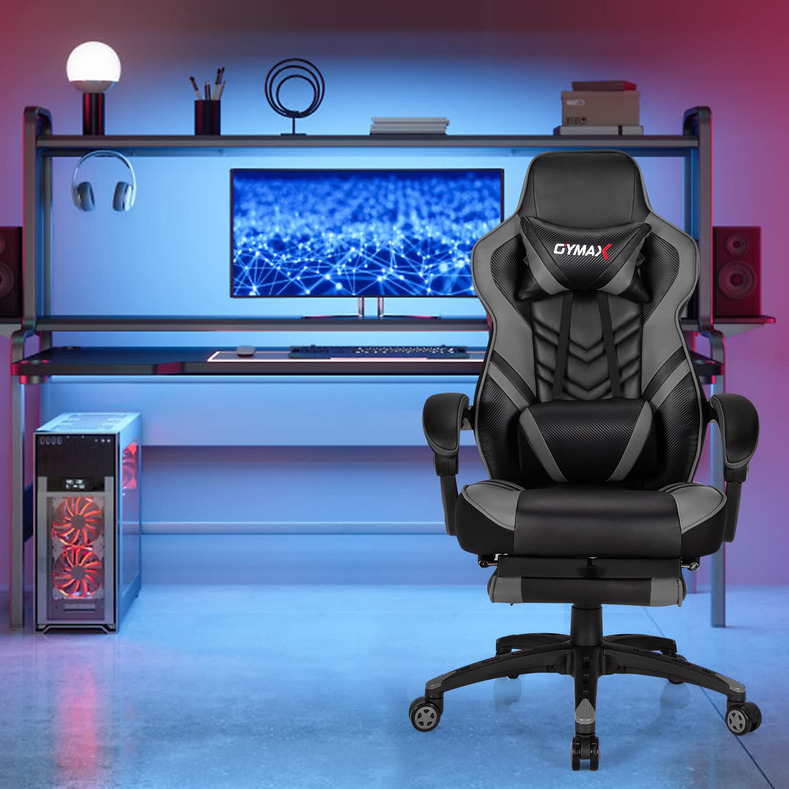 Ergonomic Gray Gaming Chair for Adults & Teens - High Back Reclining Computer Chair with Lumbar Support, Retractable Footrest & Headrest - Racing Style Desk Chair for PC Gamers & Office Work - Perfect for Gaming Setup, Home Office & Esports Tournaments