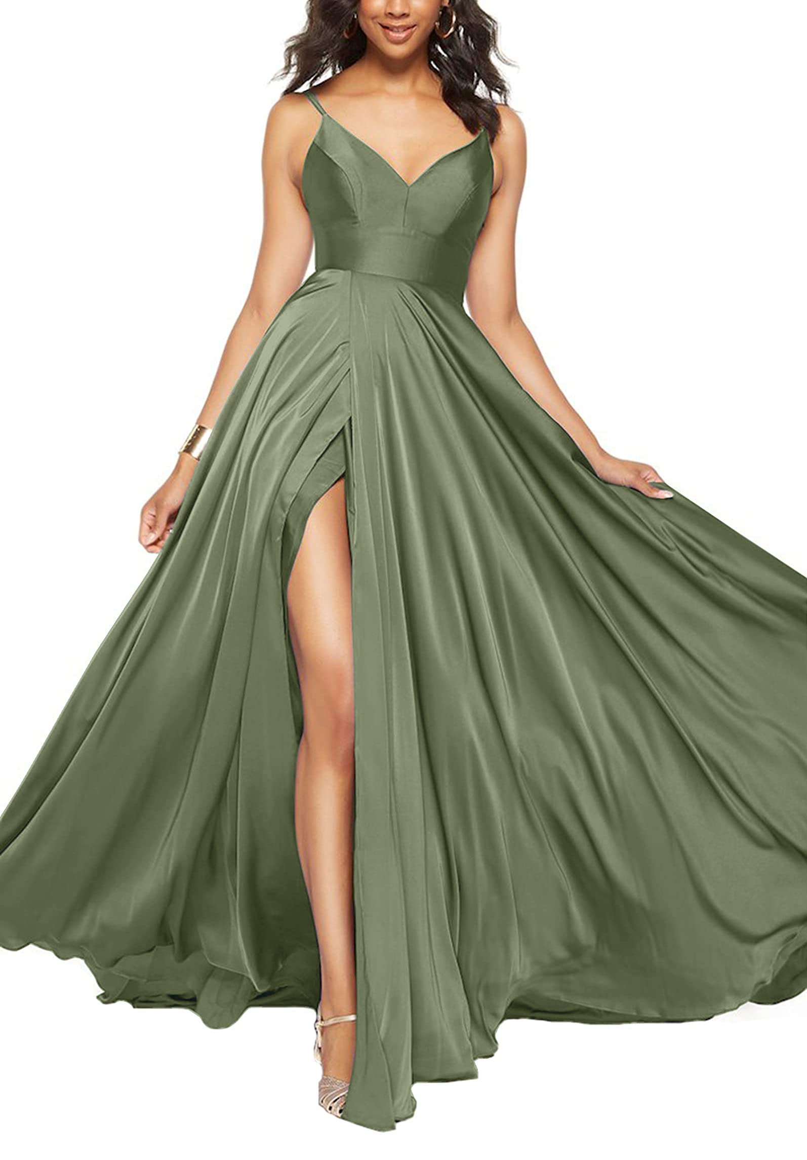 Elegant Olive Green Satin Ball Gown Prom Dress for Women - Spaghetti Strap Long Formal Evening Gown with Thigh High Slit (Size 0) | Perfect for Homecoming, Prom Night, Black Tie Events & Special Occasions