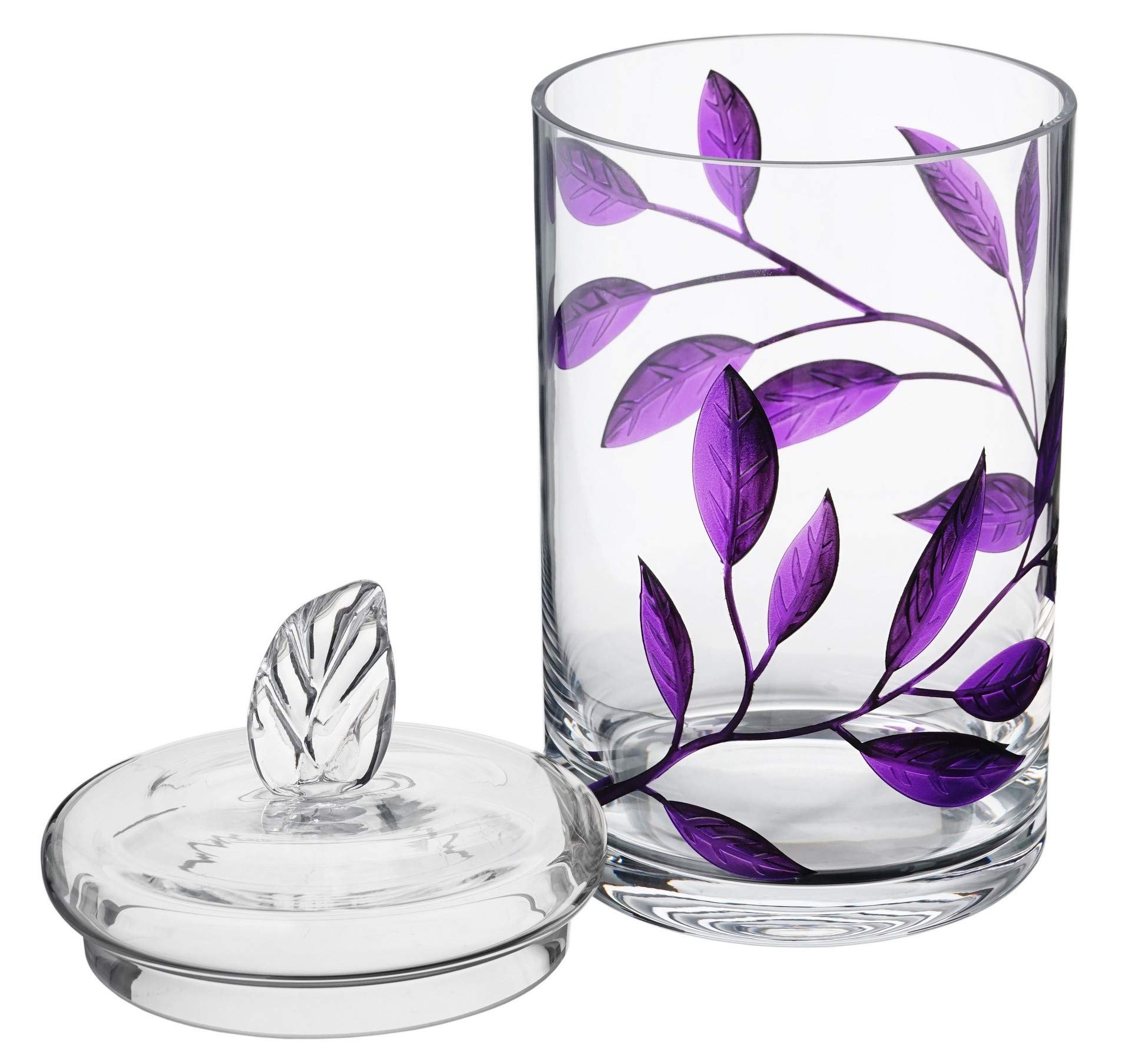 Decorative Glass Storage Jar with Lid - Large 11.4 Inch (29 cm) Purple Food & Candy Display Container - Etched Leaf Design for Kitchen, Bathroom & Home Decor - Perfect for Pantry Organization, Party Treats & Bathroom Essentials