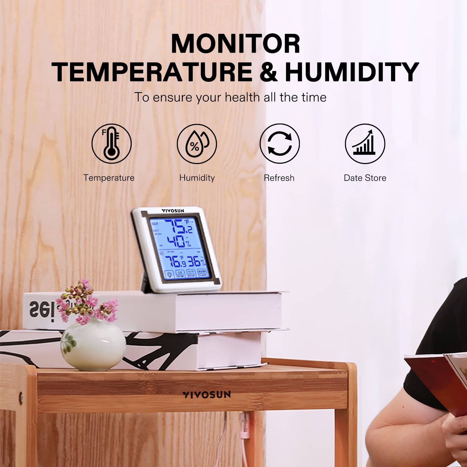 VIVOSUN Digital Thermometer Hygrometer with 3 Wireless Sensors - Indoor Outdoor Temperature Humidity Monitor, LCD Touchscreen Backlight, 200ft Range, Battery Included - Perfect for Home, Greenhouse, Nursery & Warehouse Monitoring