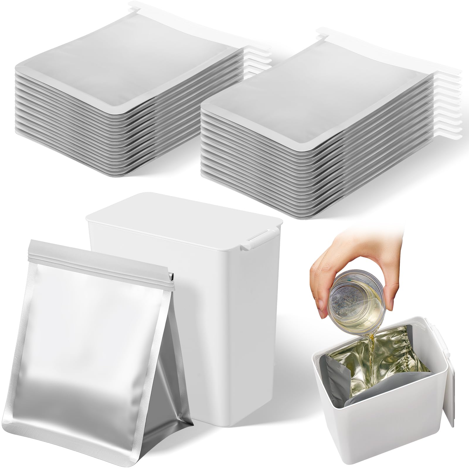 26-Pack Disposable Grease Containers with 25 Foil Liners & 1 White Storage Bin - Prevent Kitchen Drain Clogs | Perfect for Frying, Grilling & Cooking Oil Storage