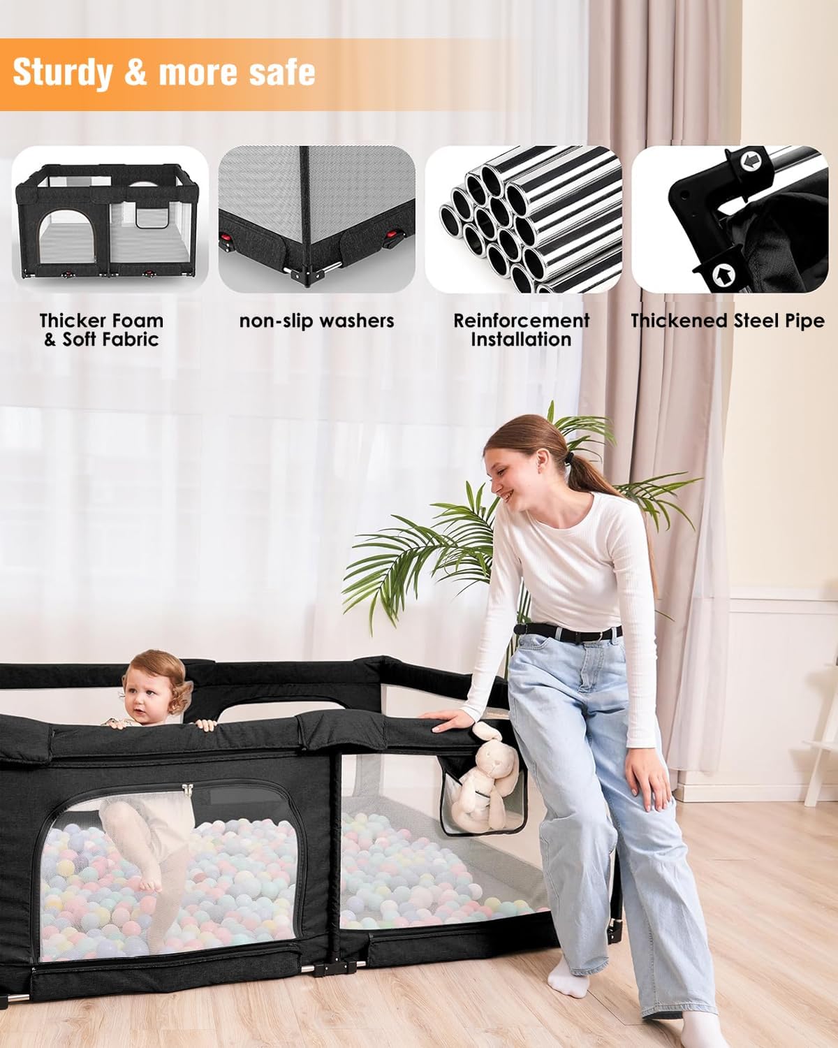 Foldable Baby Playpen - Extra Large Collapsible Play Yard for Babies & Toddlers with Safety Gate, Portable Travel Playpen for Indoor & Outdoor Use, Black 51