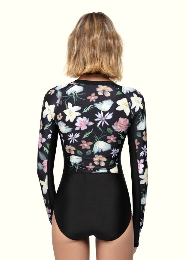 Coral Flower Front Zip Long Sleeve One Piece Swimsuit - Argentina Artist x Axesea Collection | Beachwear, Pool Party & Summer Vacation Outfit