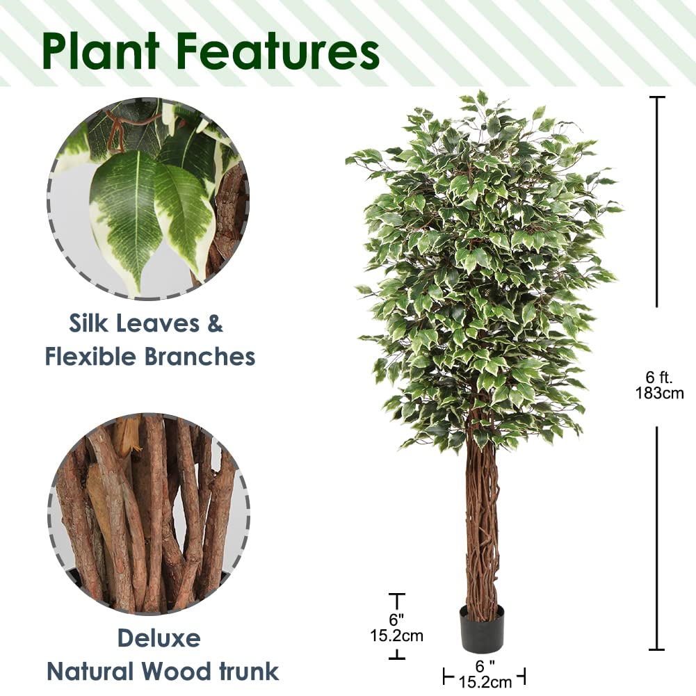 6ft Artificial Ficus Tree in Pot - Realistic Silk Plant with Green & White Leaves, Natural Trunk - Perfect for Indoor/Outdoor Home, Office, Garden, and Patio Decor