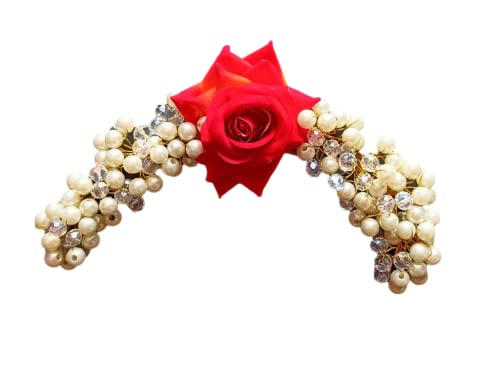 Samyak Handmade Wedding Hair Tiara - Rose Flower Pearl & Crystal Beads Hair Vine, Clip, Pin for Bridal Accessories (Red) | Perfect for Bridal Parties, Prom, Pageants & Special Occasions