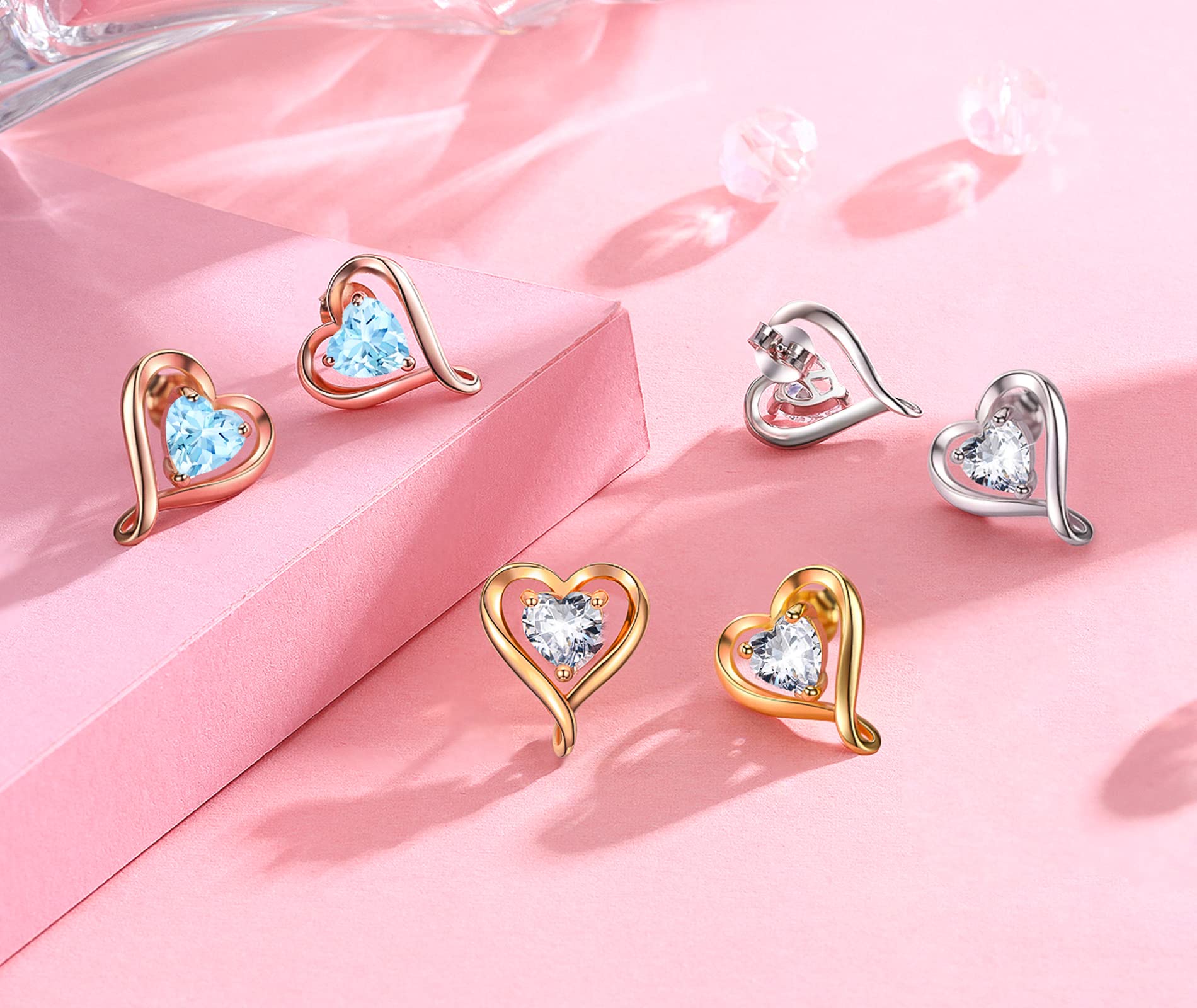 LAVUMO Hypoallergenic Heart Stud Earrings for Women - 14K Gold Plated, Silver & Rose Gold Cubic Zirconia Jewelry Set | Perfect Birthday, Anniversary Gift for Her | Elegant for Date Night, Wedding & Office Wear
