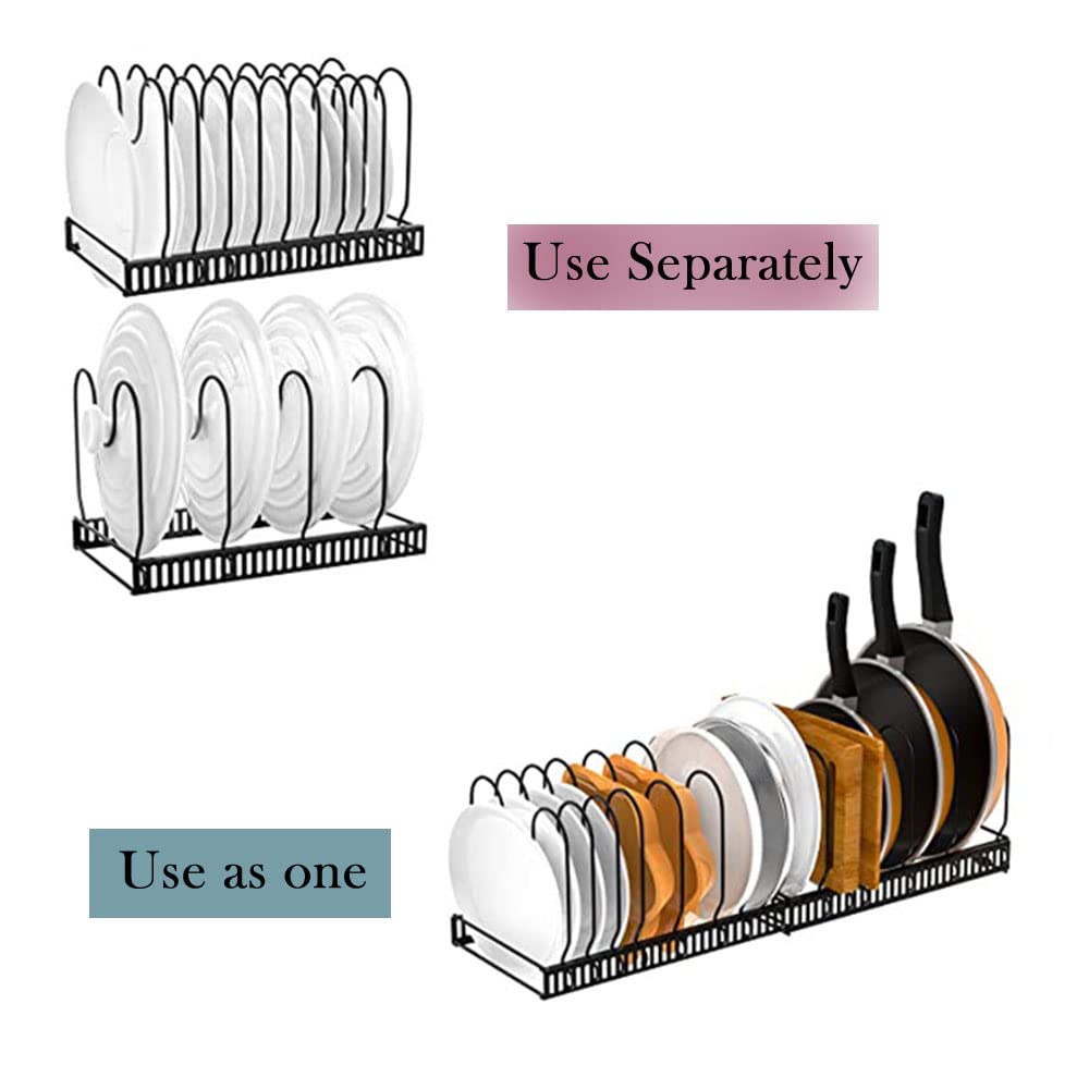 KLEVERISE 10-Slot Expandable Pot and Pan Organizer Rack - Heavy Duty Cast Iron Adjustable Kitchen Storage for Cabinets & Countertops - Space Saving Cookware Holder for Pots, Pans & Lids - Perfect for Small Kitchens, RV Cooking & Organized Pantries
