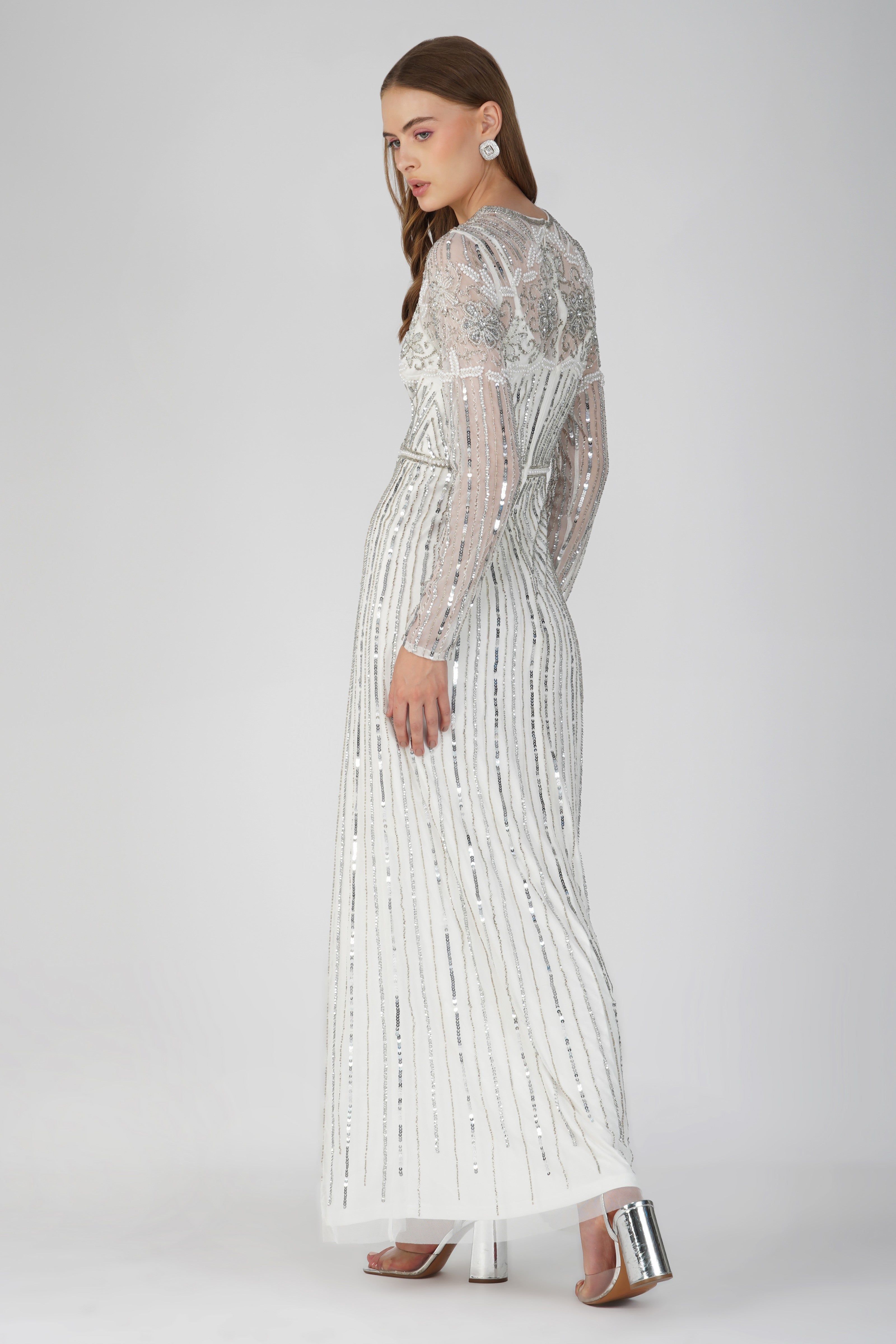 Teresa Silver Embellished Maxi Dress for Women - Elegant Evening Gown for Parties, Weddings & Special Occasions