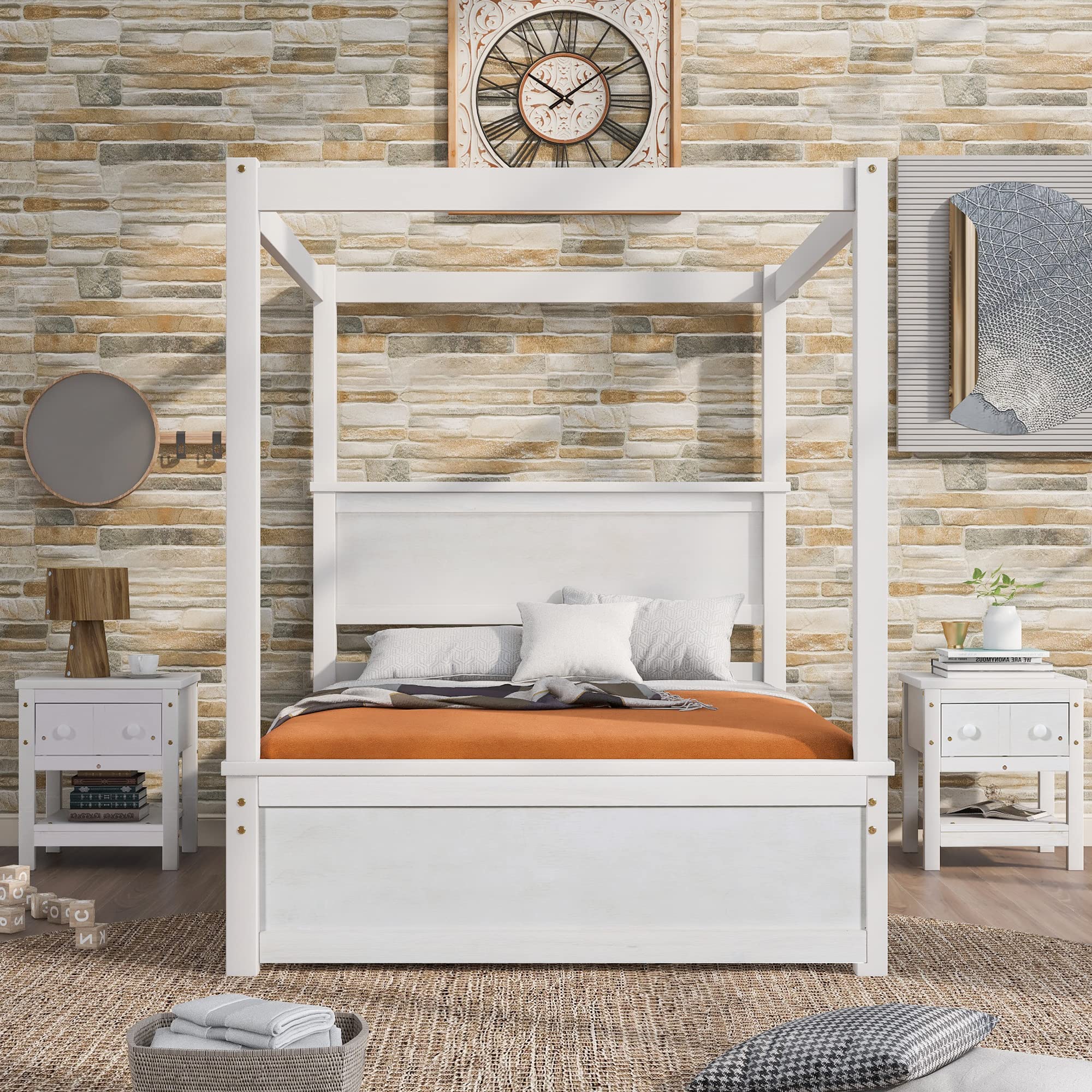 Harper & Bright Designs Full Size Canopy Platform Bed with Trundle - Solid Wood Bed Frame with 2 Nightstands, Noise Free No Box Spring Needed - Brushed White Finish | Perfect for Small Bedrooms, Guest Rooms & Space-Saving Storage Solutions