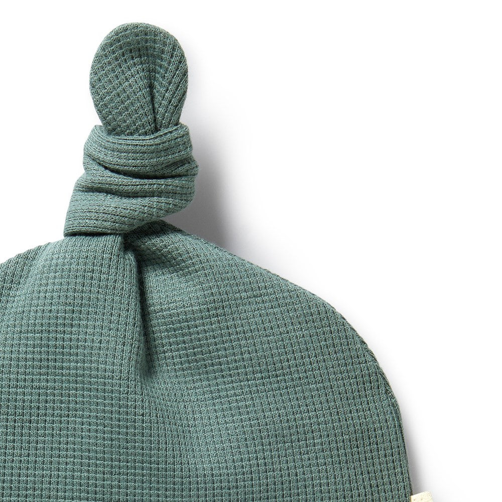 Pine Green Organic Cotton Waffle Knot Hat for Women & Men - Winter Beanie, Cold Weather Accessory, Outdoor Activities