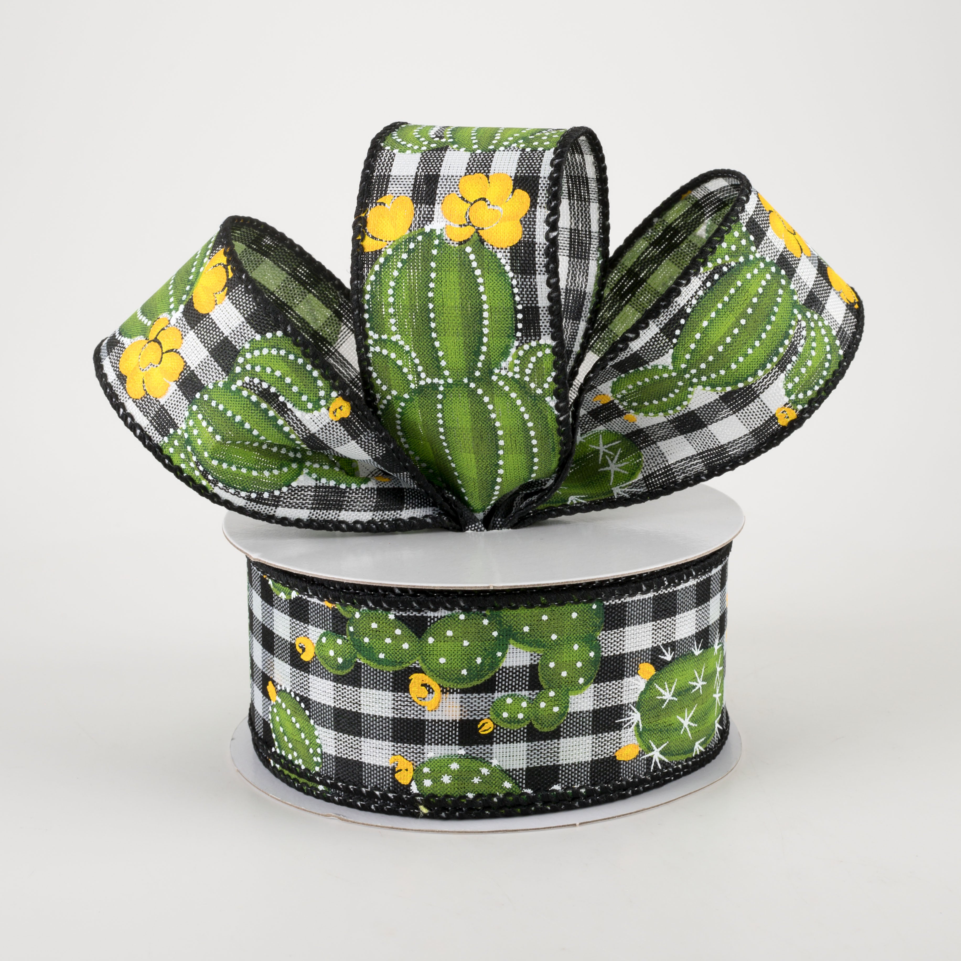 1.5 Inch Cactus on Gingham Ribbon - Black & White Checkered Ribbon (10 Yards) for Gift Wrapping, DIY Crafts, and Party Decorations