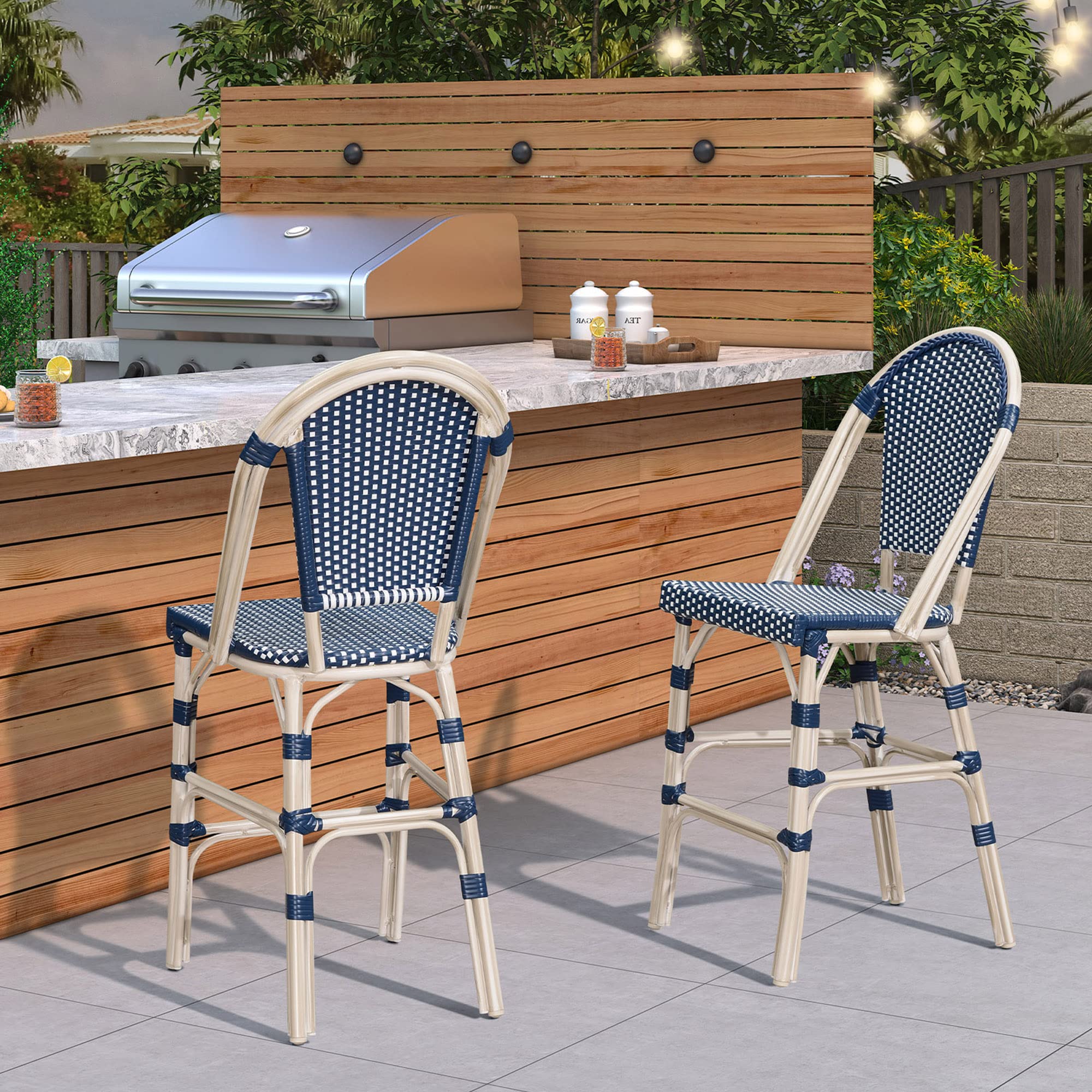 PURPLE LEAF French Bar Stool Set of 2 - White Wicker Rattan Bar Chairs with Back & Footrest, 30