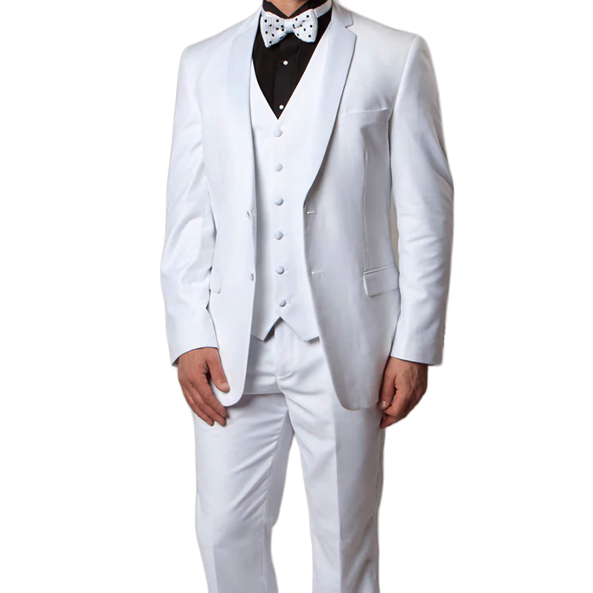 Solid White Modern Fit Tuxedo 3 Piece Suit with 6 Button Vest | Formal Wedding Attire & Black Tie Events