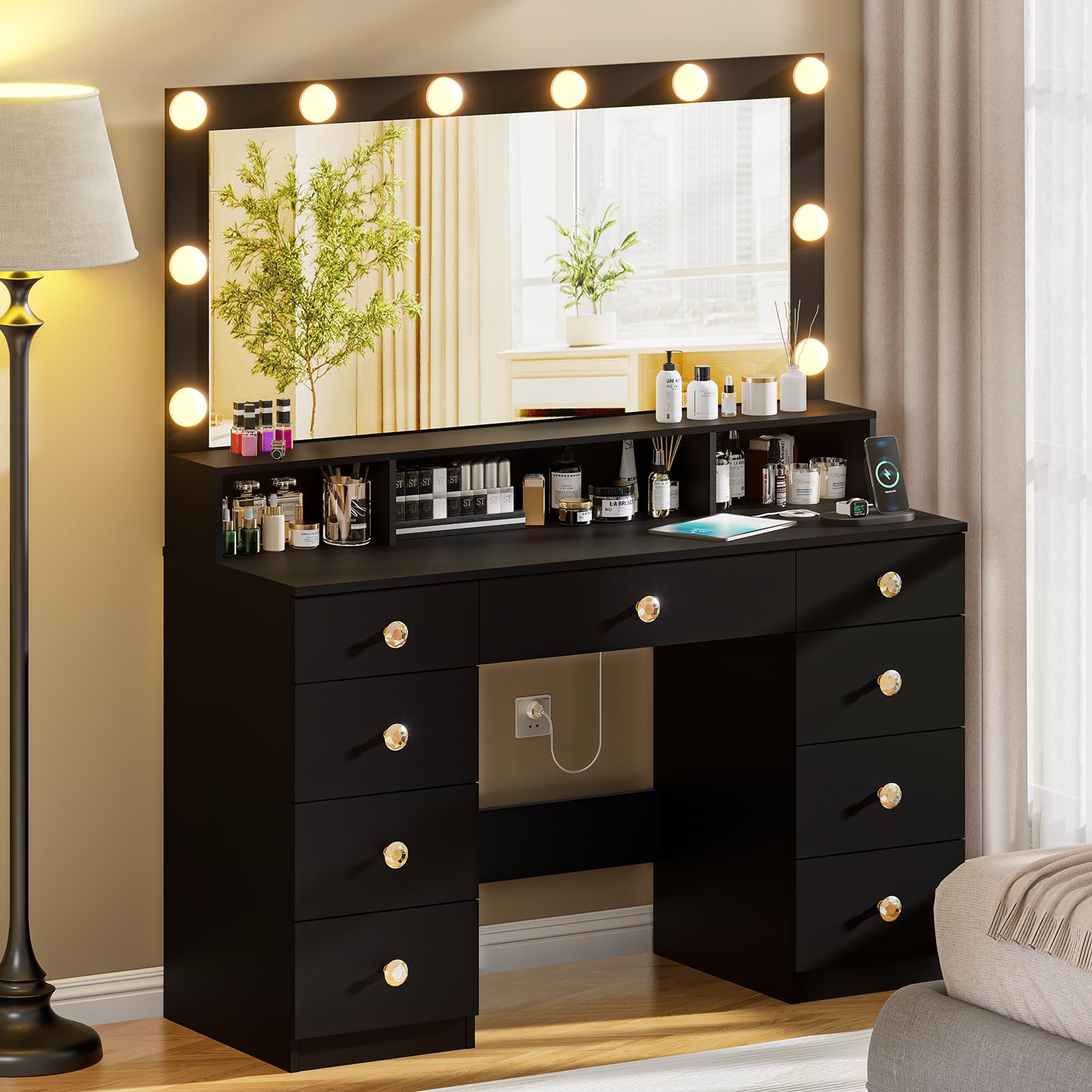 Vanity Desk with Large Mirror & LED Lights - 9-Drawer Makeup Dressing Table with Super Storage, Power Outlet & Crystal Handles - 3 Lighting Modes - Perfect for Women & Girls Bedroom, Beauty Salon or Bridal Suite (Black)