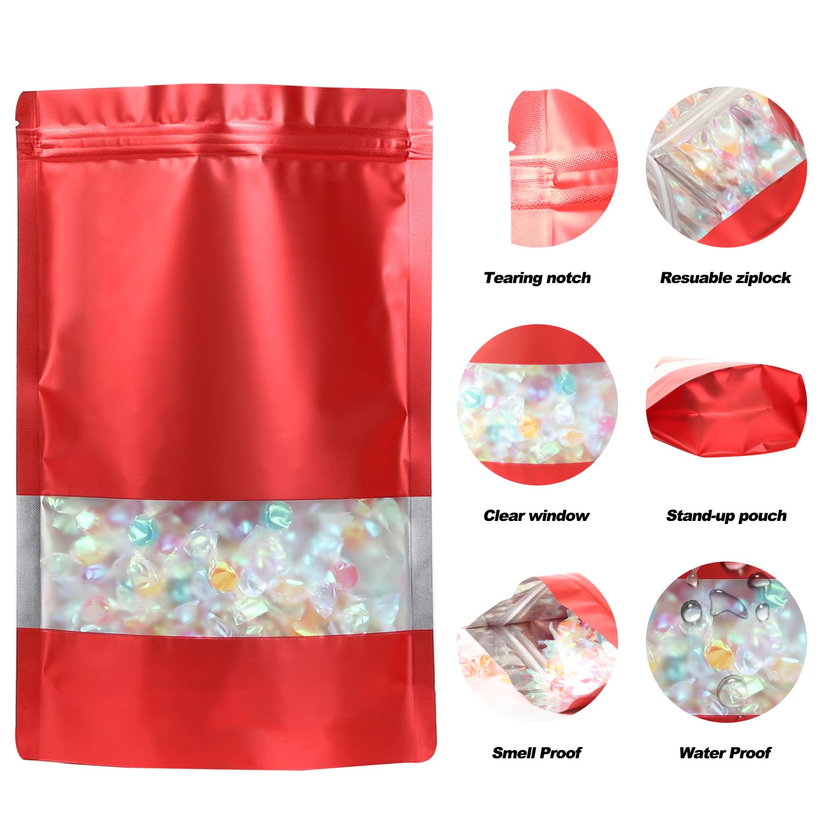 100 Pack Smell Proof Mylar Bags - Resealable Food Storage Bags with Matte Window & Scratch Resistant Design | 3.9×5.9 Inch Stand Up Foil Pouch for Herbs, Coffee, Snacks & Travel Organization (Red)