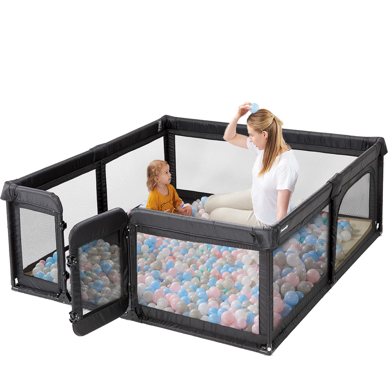 Sweeby Baby Playpen - Large 79x71 Play Yard for Babies & Toddlers with Gate & Door - Indoor Safety Fence with Mat - Black - Perfect for Playtime, Learning & Safe Exploration at Home