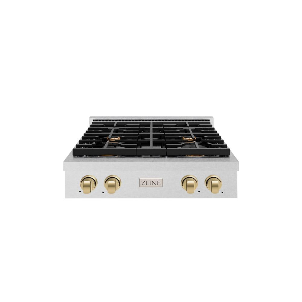 ZLINE 30 Inch Autograph Edition Paramount 4-Burner Gas Rangetop with Porcelain Cooktop - Satin Stainless Steel & Champagne Bronze Accents (SRTSZ 30 CB) - Perfect for Modern Kitchens, Professional Chefs & Home Cooking Enthusiasts