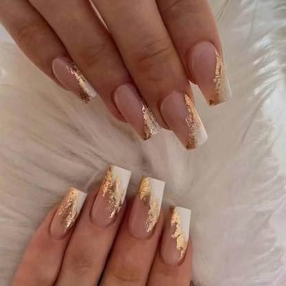 24 Pack Pink Truck White & Gold Foil Design Artificial Reusable Nails with Glue - Perfect for Parties, Weddings, and Special Occasions