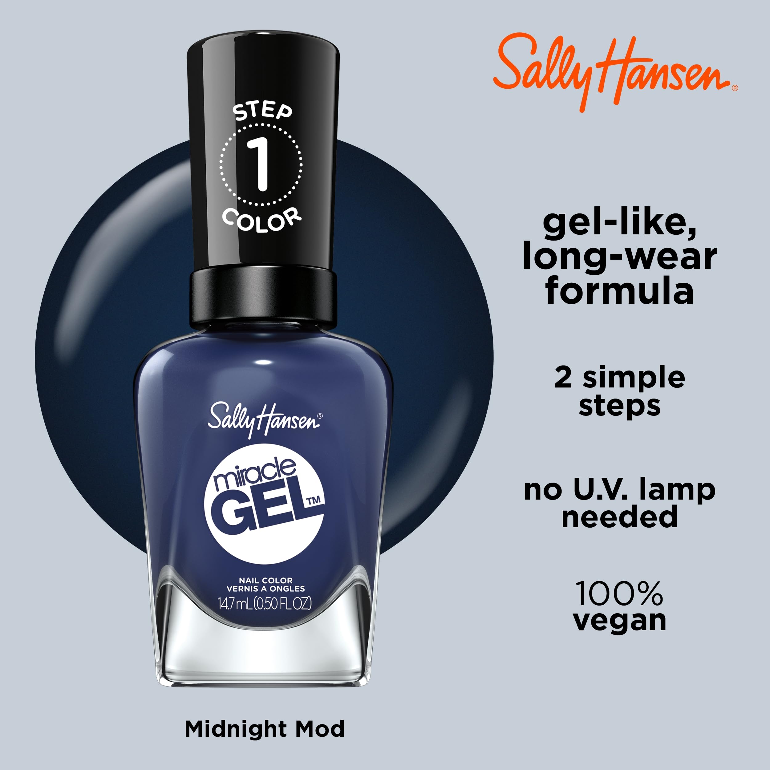 Sally Hansen Miracle Gel™ Midnight Mod Blue Nail Polish - Long Lasting Gel-Like Formula, No UV Lamp Needed - Perfect for Parties, Weddings & Everyday Wear