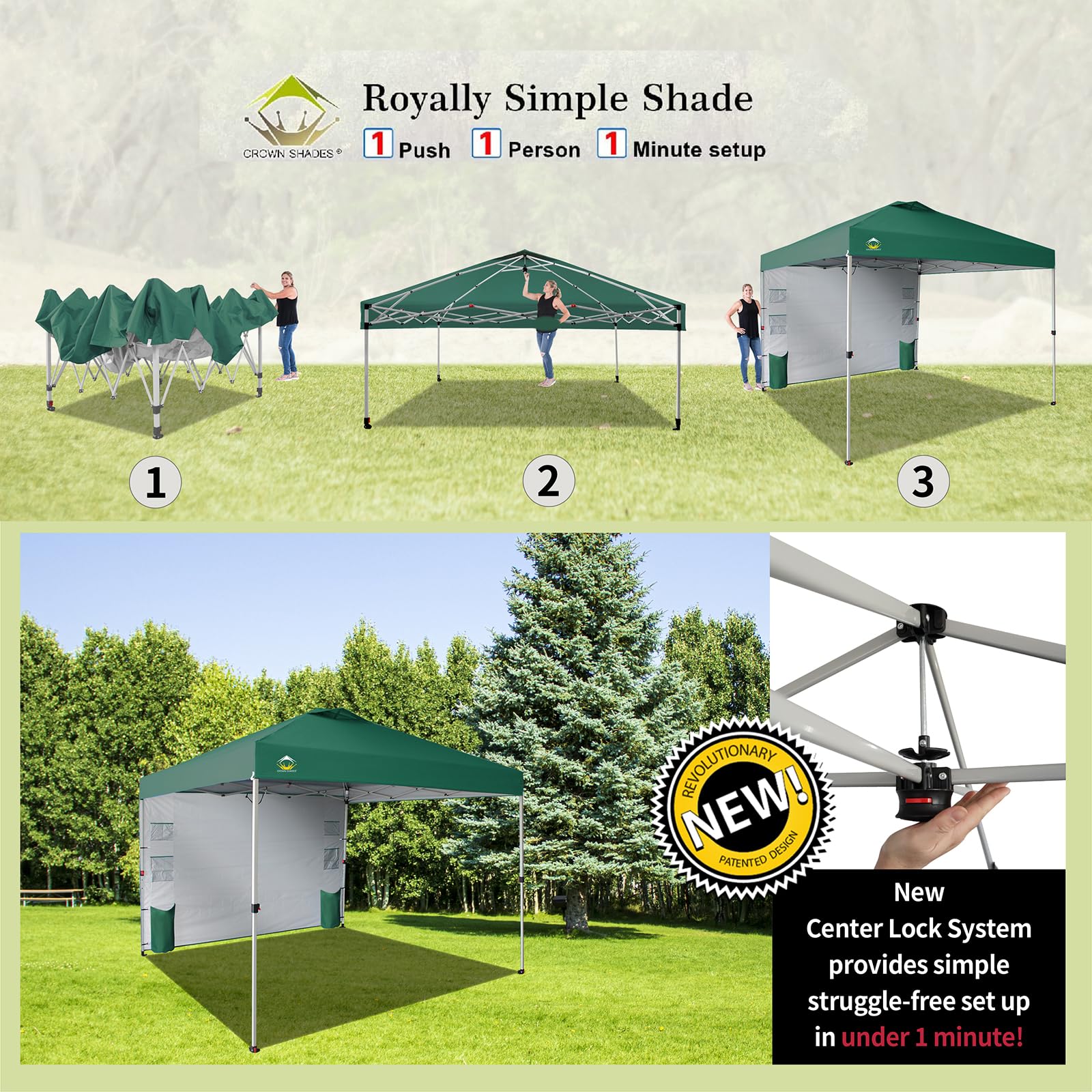 10x10 Pop Up Canopy Tent with Sidewalls & Pockets - Easy One-Person Setup Portable Sun Shelter for Camping, Beach, Backyard & Outdoor Events - Forest Green Instant Canopy with Center Lock System