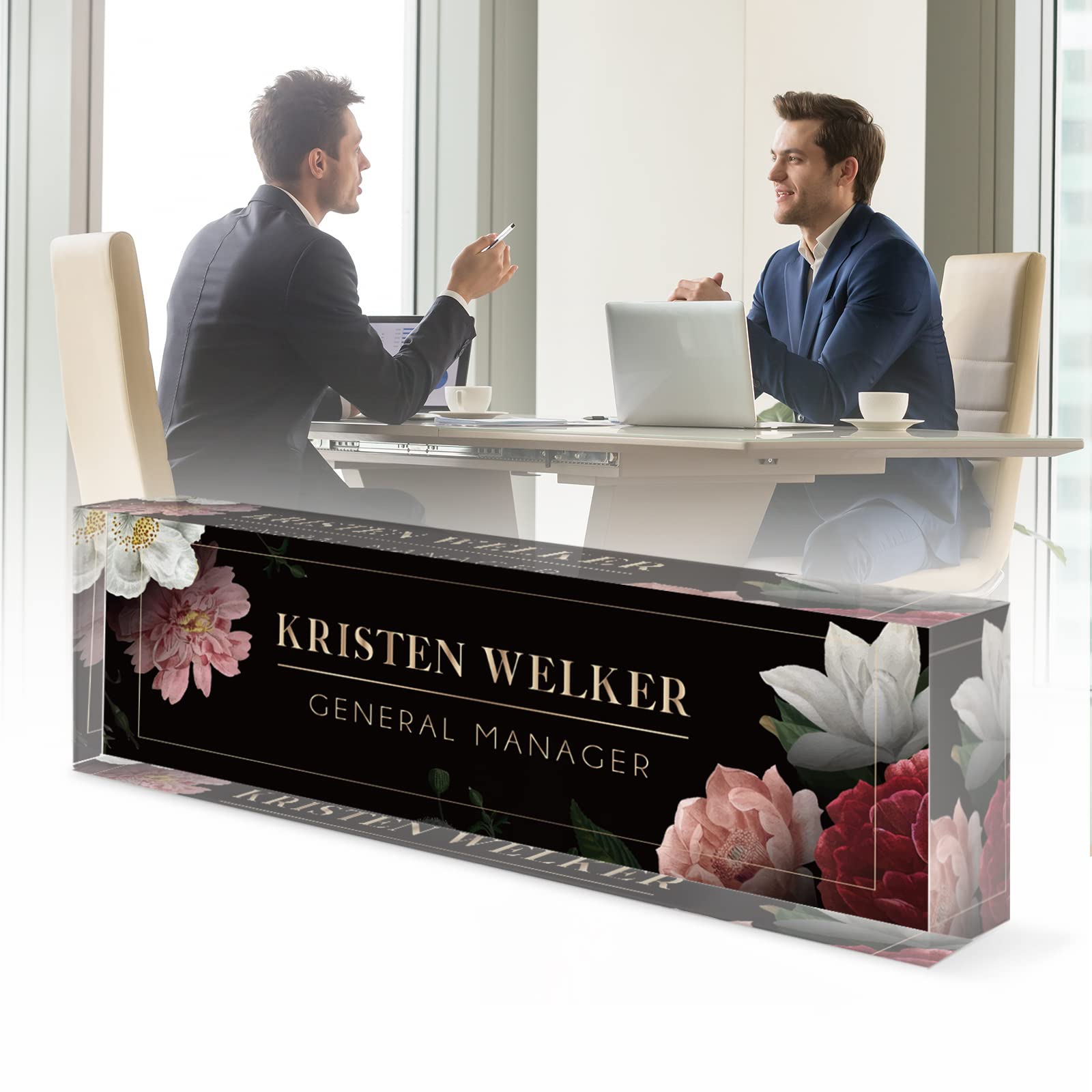 Personalized Acrylic Desk Name Plate - Custom Employee Appreciation Gift for Office, Teacher, Nurse, Manager & Boss - Elegant Black Floral Design for Professional Workspace Decor & Office Accessories