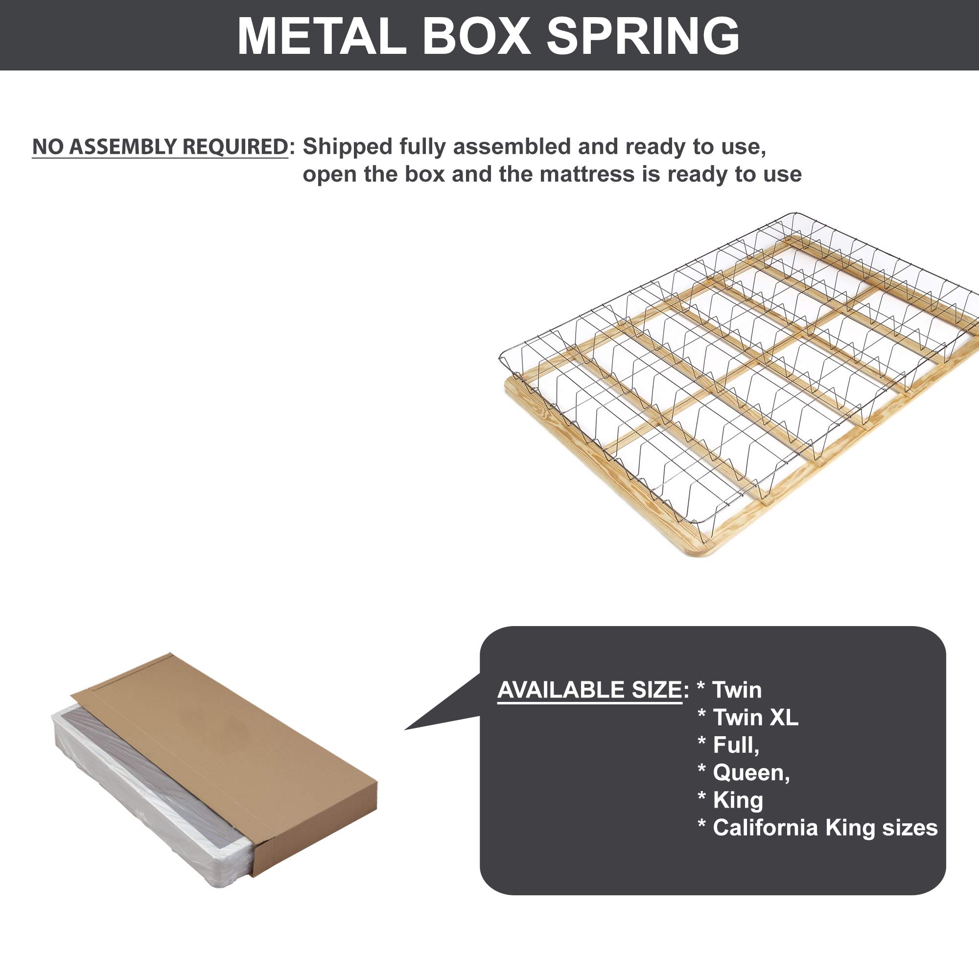Low Profile Fully Assembled Metal Box Spring Foundation for Queen Size Mattress - Sturdy & Durable Support - Perfect for Bedroom, Guest Room & Dorm Use