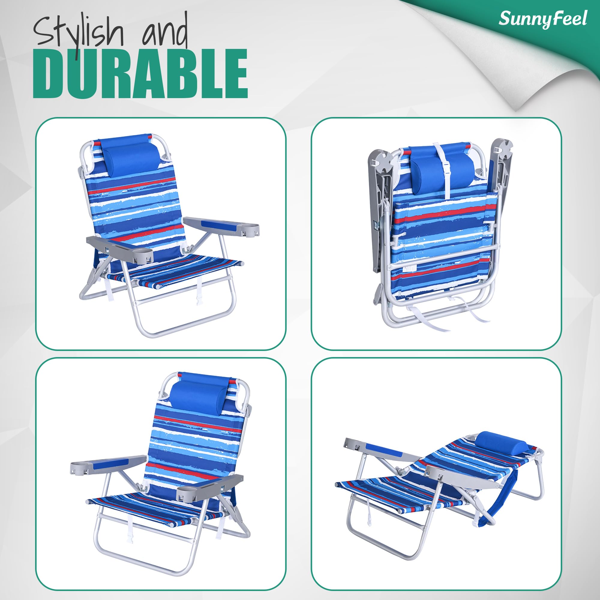 Extra Wide Low Beach Chair 2 Pack - Heavy Duty 500lbs Capacity, 5-Position Reclining Folding Camping Chairs with Cup Holder & Carry Strap - Portable Backpack Design for Adults, Perfect for Beach, Backyard, Poolside, Picnics & Outdoor Relaxation