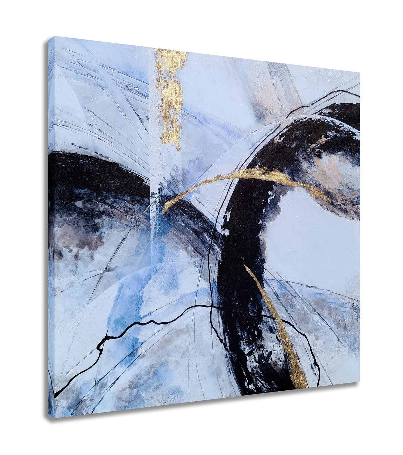 SYGALLERIER Hand-Painted Abstract Canvas Wall Art - Modern Textured Oil Painting with Gold Foil, Contemporary Black White Blue Artwork for Living Room, Bedroom & Bathroom Decor | Perfect for Home, Office & Gift Giving