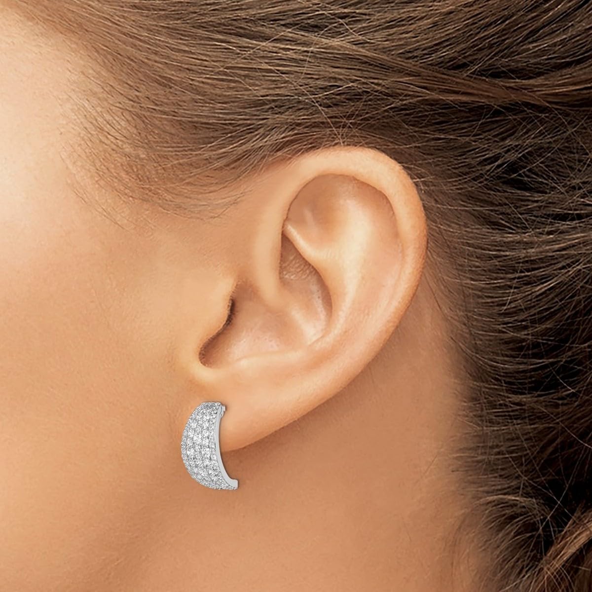 925 Sterling Silver Rhodium Plated Pave CZ Cubic Zirconia Simulated Diamond Hoop Earrings for Women - 16.38x10mm Wide, 8mm Post | Elegant Everyday Wear, Perfect for Parties, Weddings & Special Occasions