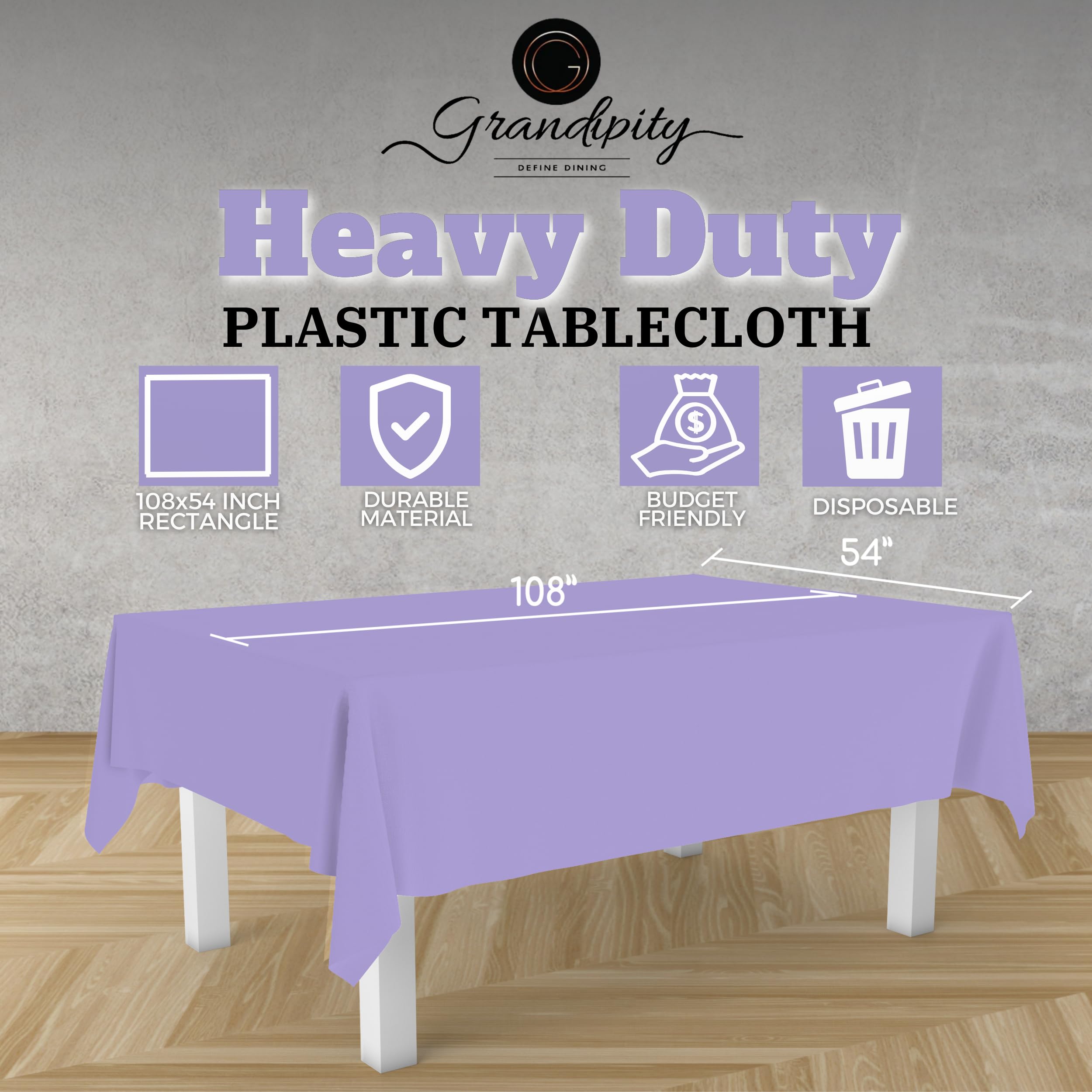 Premium Disposable Plastic Tablecloth - Lavender (6 Pack) 54x108 Inch Rectangle Table Cover for Parties, Picnics & Events - Fits 6ft to 8ft Tables - Waterproof & Easy Clean for Indoor/Outdoor Use