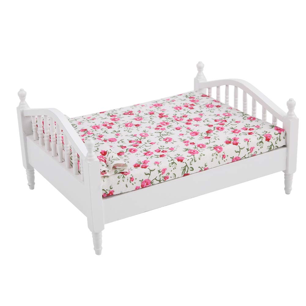 Keenso 1:12 Scale Dollhouse Miniature Bed - Wooden Double Bed for Dollhouse Furniture Accessories, Perfect for Barbie Dolls, American Girl Dolls & DIY Miniature Room Decor