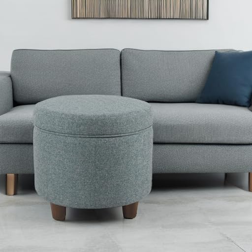 Benjara Round Wooden Ottoman with Lift-Off Lid Storage - Blue & Brown Coffee Table Footrest for Living Room, Bedroom & Dorm