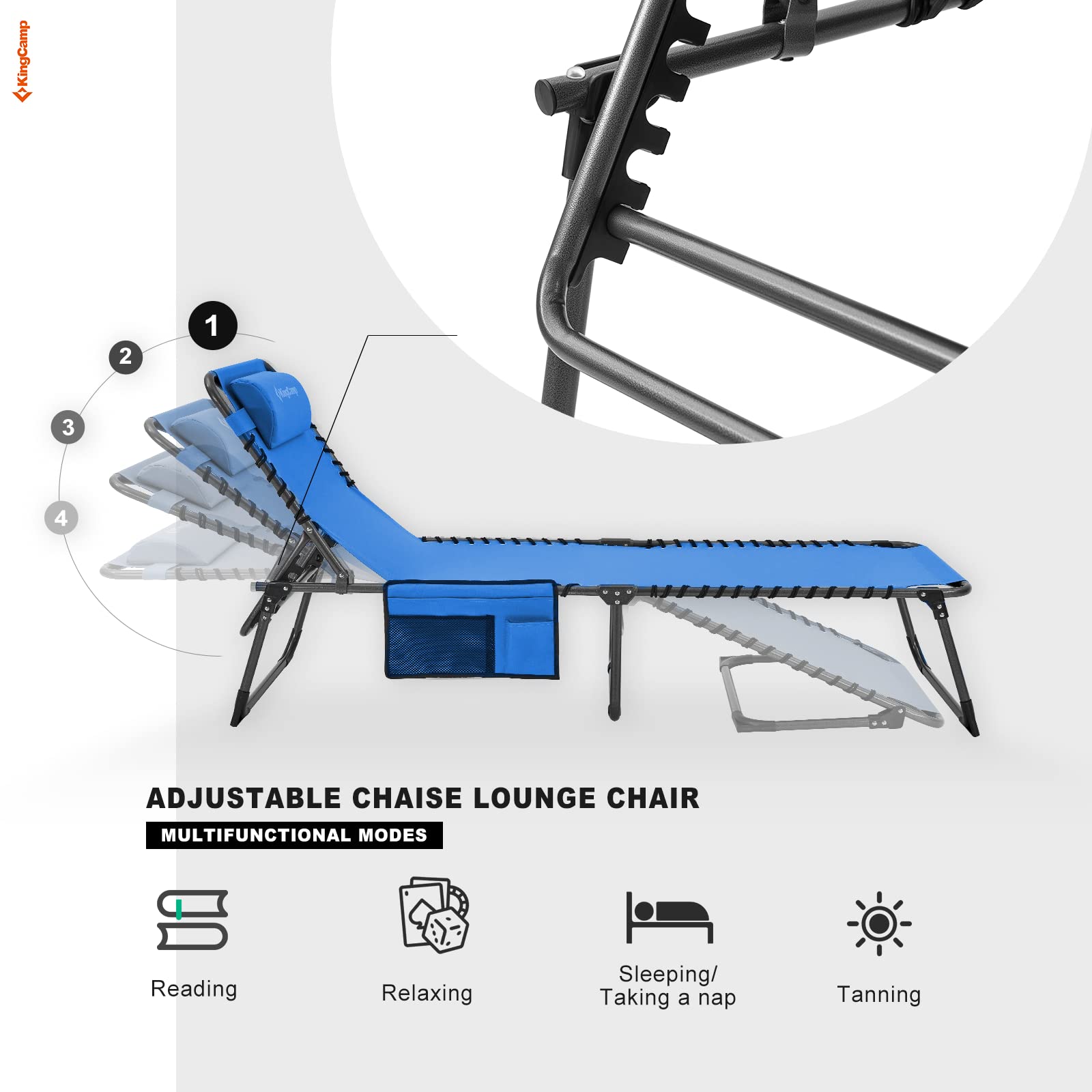 KingCamp Folding Adjustable Patio Chaise Lounge Chair - Heavy Duty Portable Outdoor Recliner for Pool, Beach, Sunbathing, Deck & Lawn - Lay Flat Foldable Camping Cot with Pillow - Perfect for Relaxing, Travel & Backyard Lounging