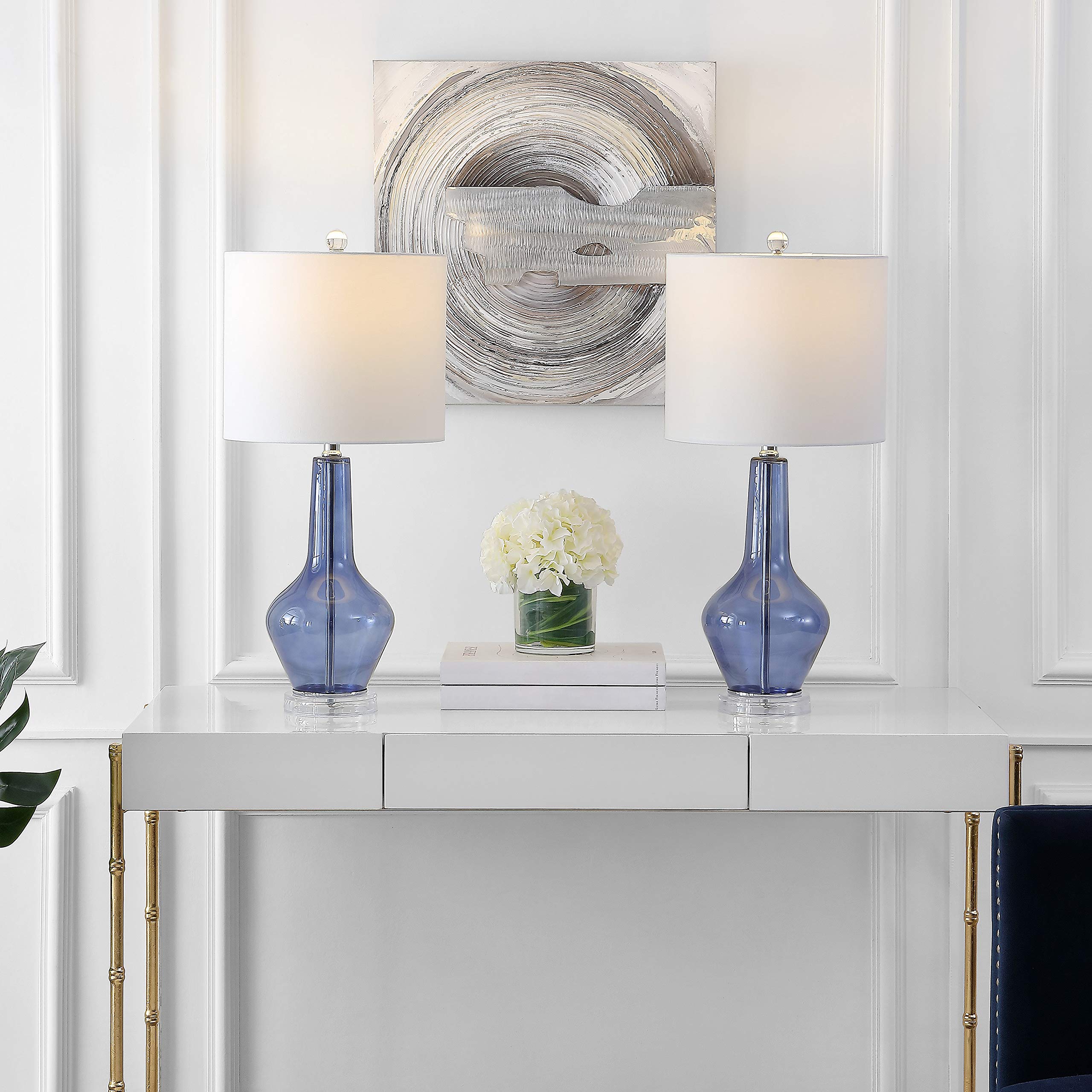 SAFAVIEH Velvet Blue Glass 24-Inch Table Lamp Set of 2 with LED Bulbs - Modern Bedside Lighting for Bedroom, Living Room & Home Office - Perfect for Reading, Relaxing & Decor